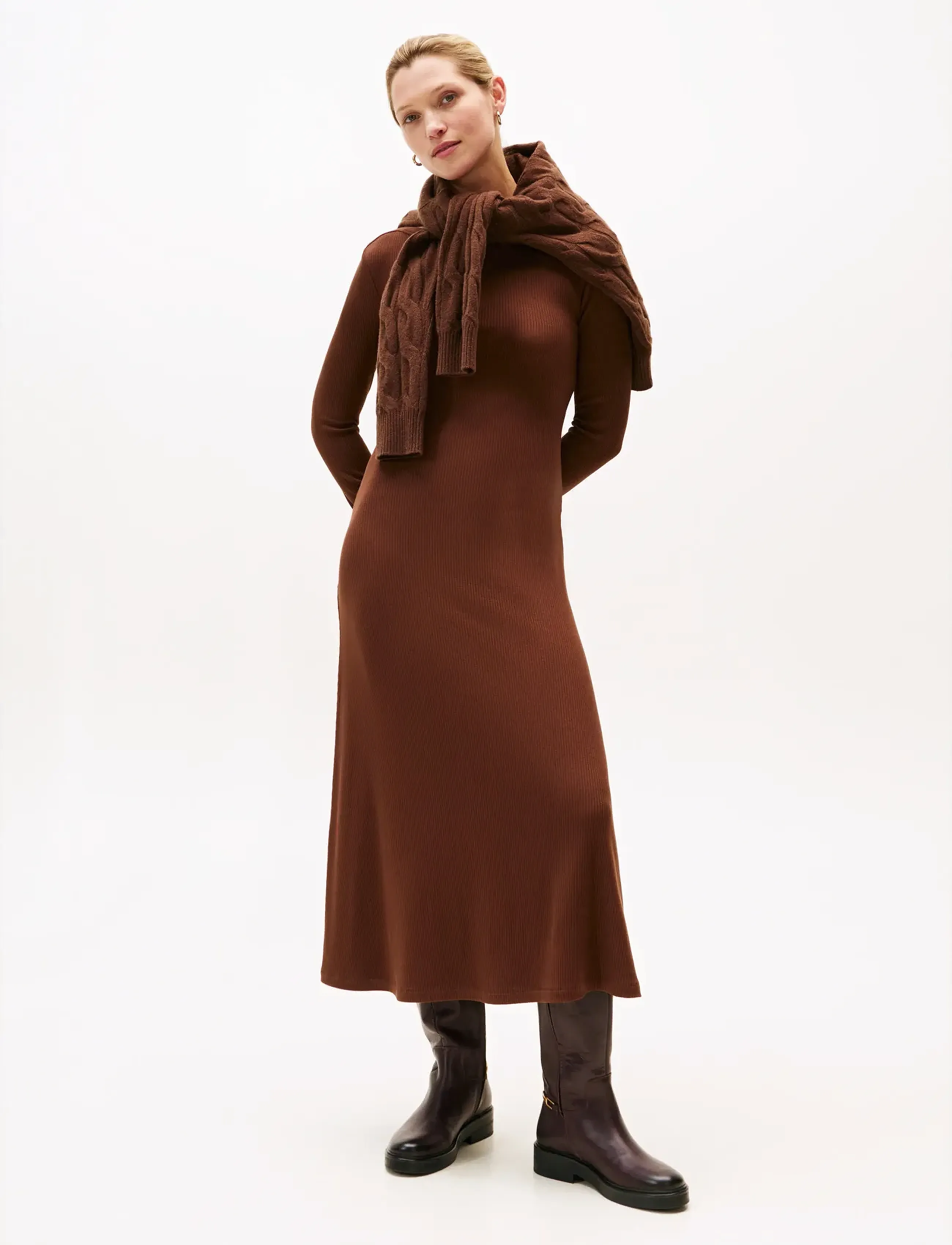 Tommy Hilfiger 5X2 RIB FLARE MIDI DRESS LS - Kleider - LEGACY BROWN / brown