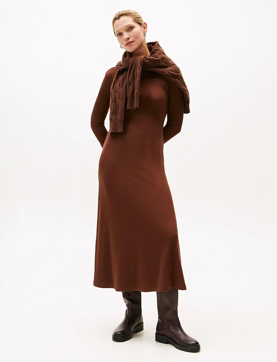 Tommy Hilfiger - 5X2 RIB FLARE MIDI DRESS LS - t-shirtklänningar - legacy brown - 0