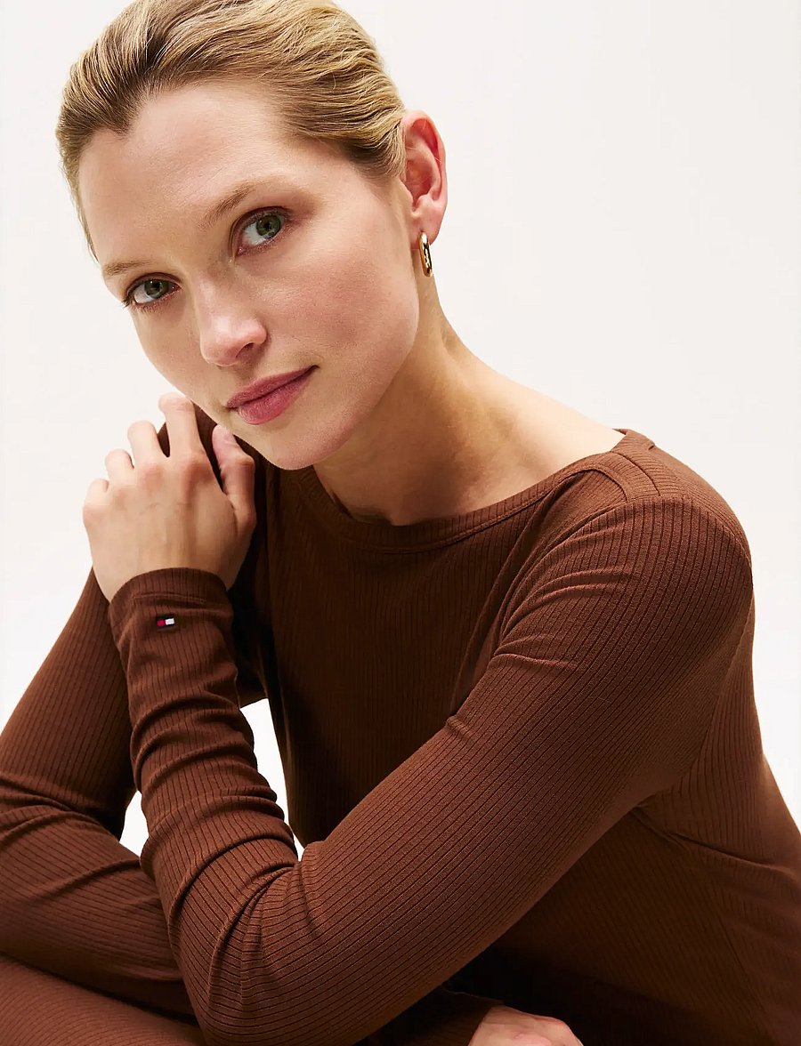 Tommy Hilfiger - 5X2 RIB FLARE MIDI DRESS LS - t-shirtklänningar - legacy brown - 2