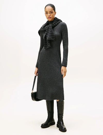 tommy hilfiger grey sweater dress Tommy Hilfiger Women's Ribbed Knit Sweater Dress Stretch Gray Black Sz S L XL