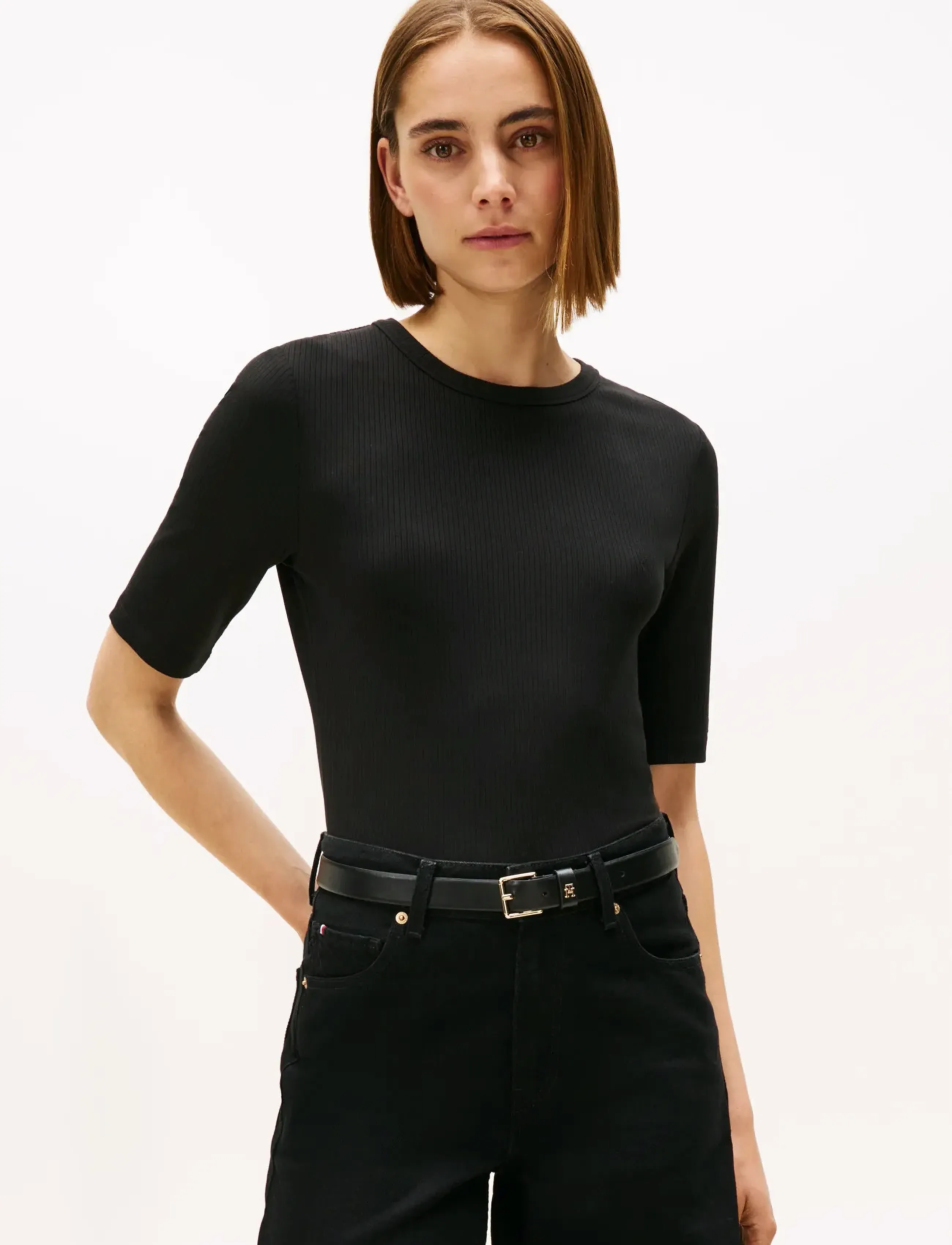 Tommy Hilfiger SLIM 5X2 RIB C-NK 1/2 SLV - Tommy Hilfiger - BLACK / black
