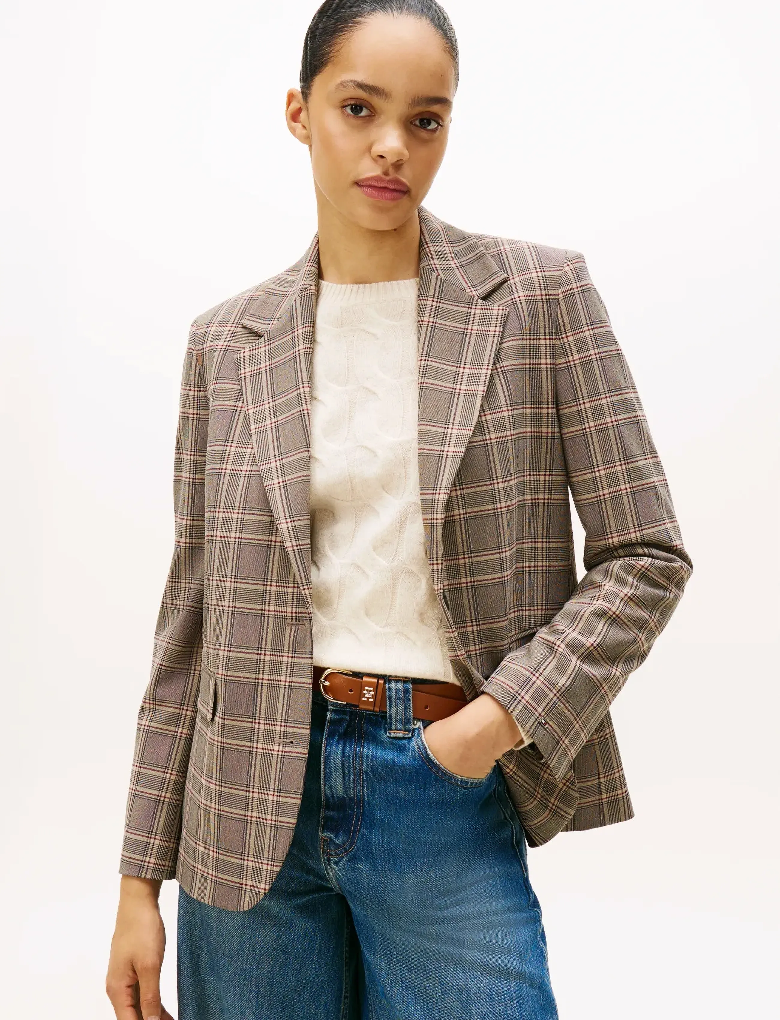 Tommy Hilfiger Core Check Reg Straight Blazer, 36, Beige, Blazere > Enkeltradede Blazere, Dame