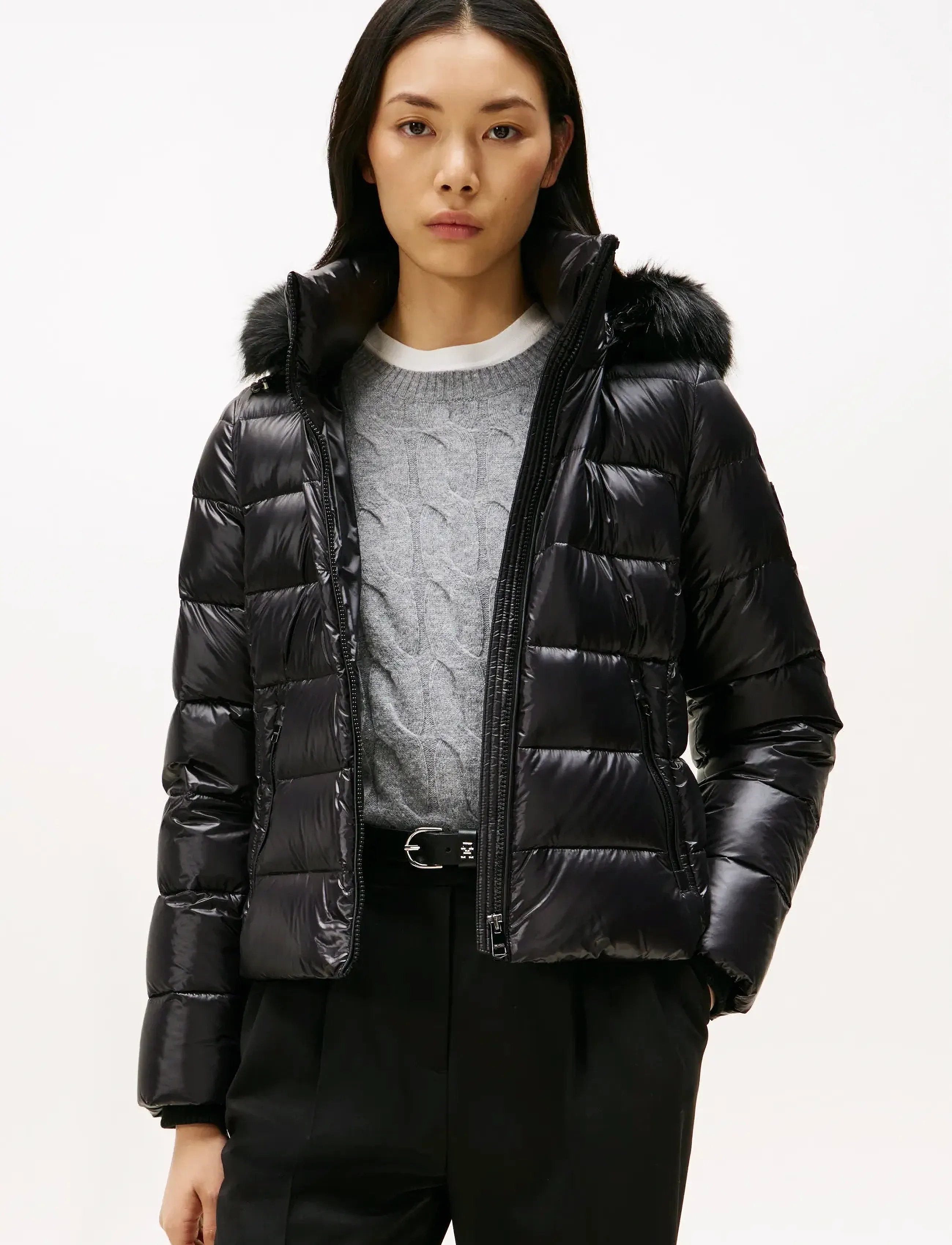Tommy Hilfiger Gloss Hw Down Slim Jacket W Fur, XL, Jackets, Schwarz - Padded Jacket, Frauen