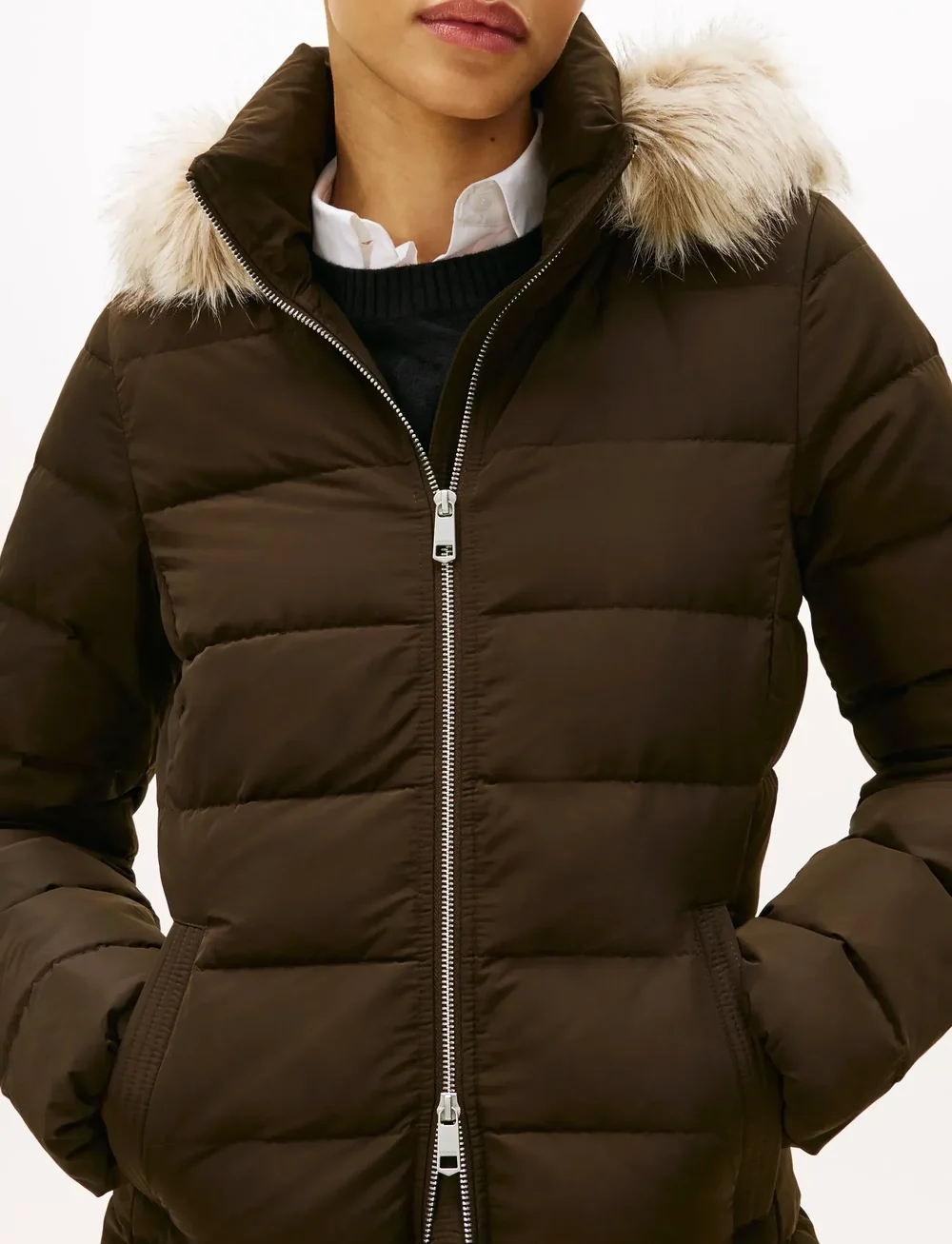 Tommy Hilfiger - MW DOWN SLIM COAT WITH FUR - voodriga mantlid - dark coffee - 2