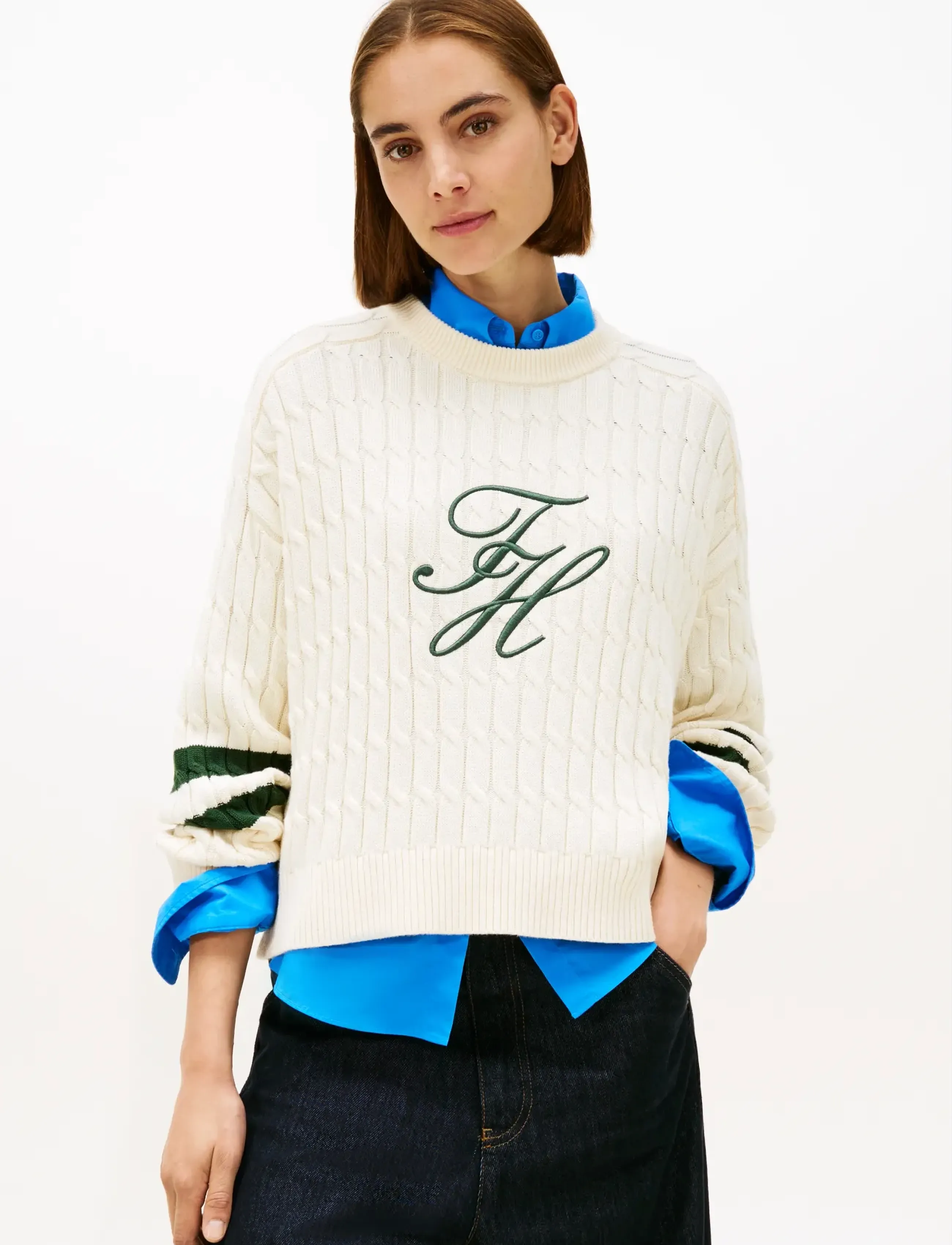 Tommy Hilfiger Textured Graphic C-Nk Ls Swt, XL, Cream, Strik > Trøjer, Dame