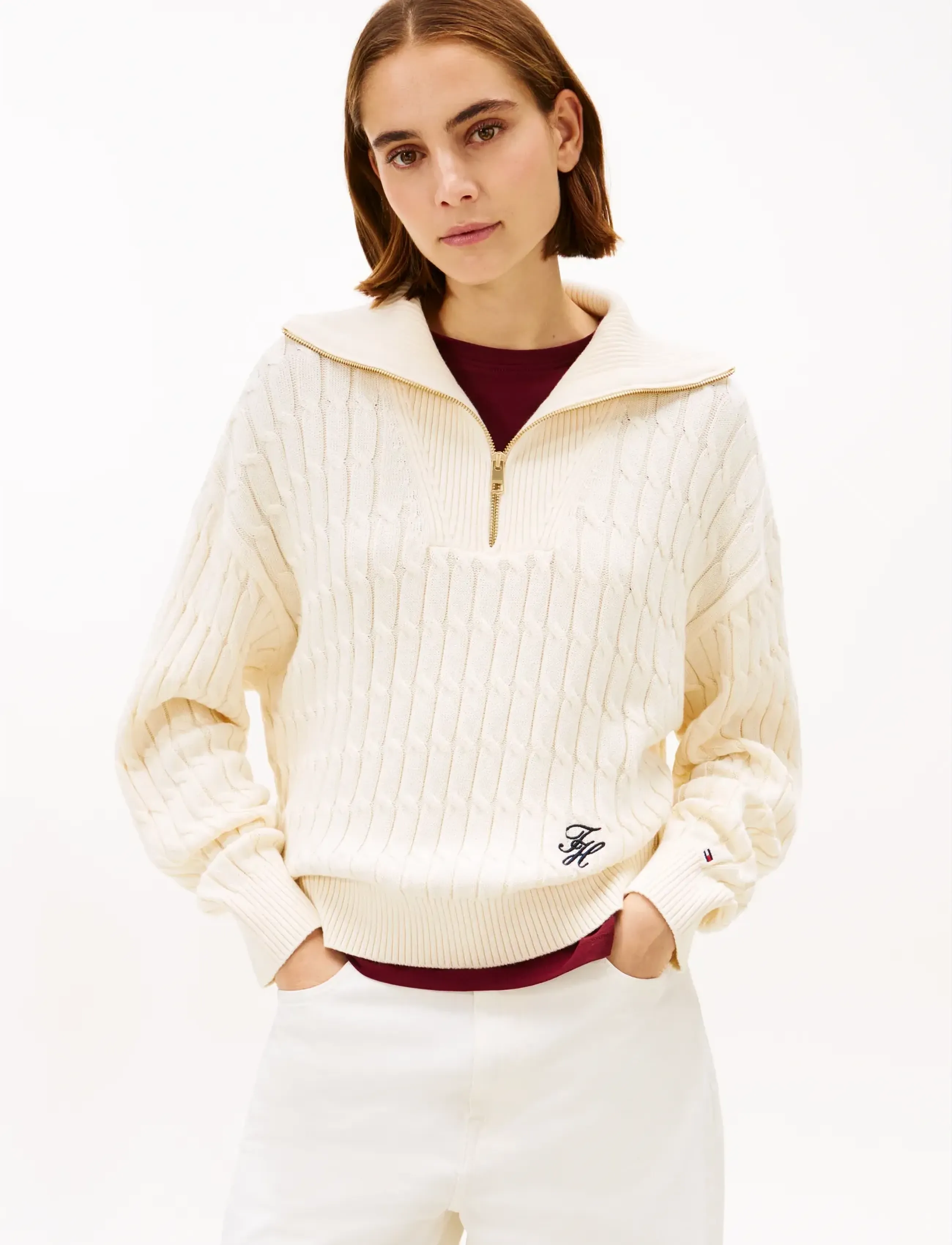 Tommy Hilfiger CO CABLE MID GG 1/2 ZIP LS SWT - Tommy Hilfiger - CALICO / cream