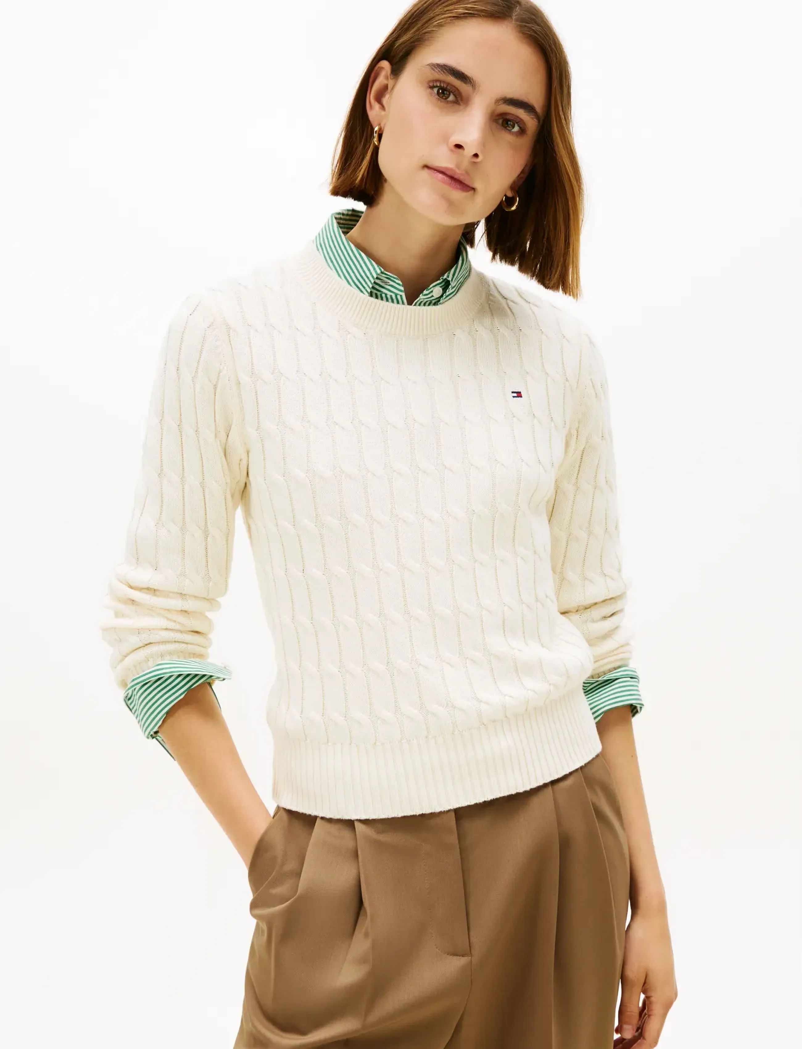 Tommy Hilfiger Co Cable Mid Gg C-Nk Ls Swt, Kvinder, Kabelstrikket Rund Hals Sweater, Cream, Str: S