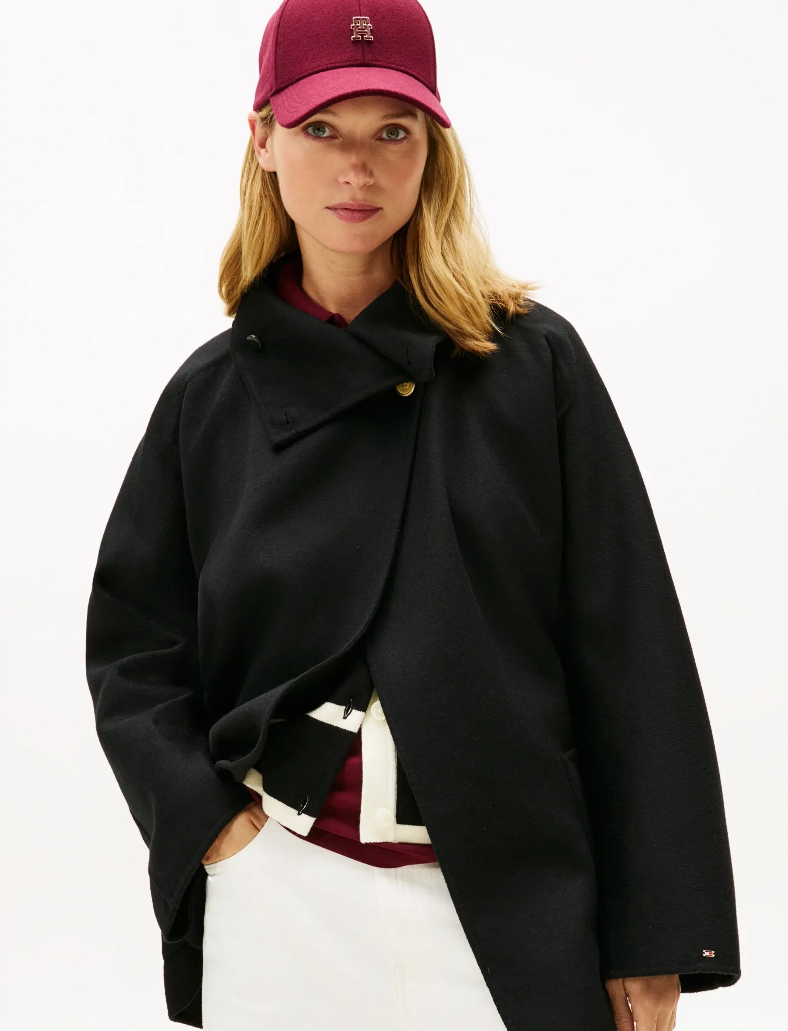 Tommy Hilfiger Df Wool Gb Funnel Nk Coat, L/XL, Coats, Schwarz - Frauen