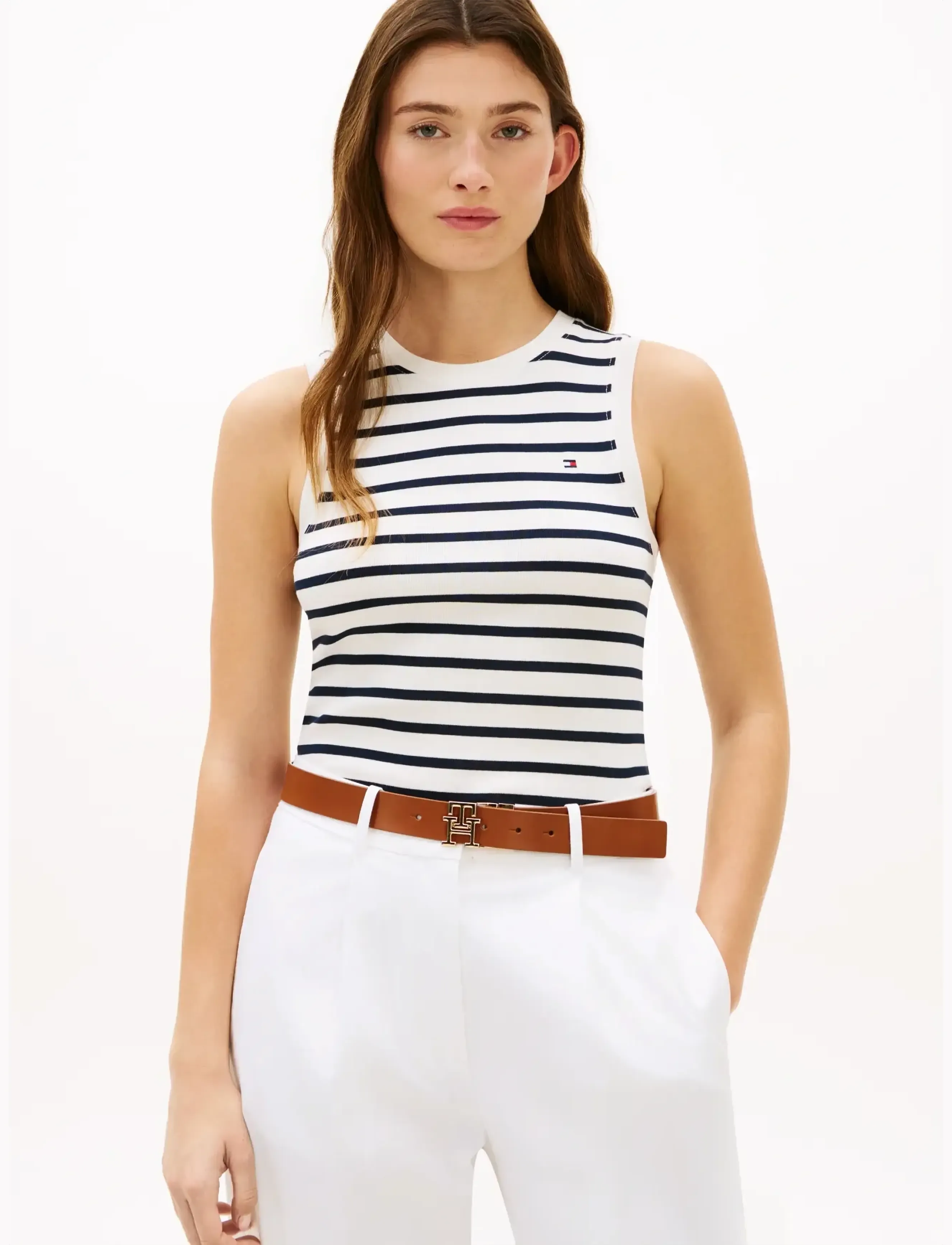 Tommy Hilfiger SLIM CODY C-NK TANK TOP - Sleeveless tops - BRETON STP ECRU DARK NIGHT NAVY / white