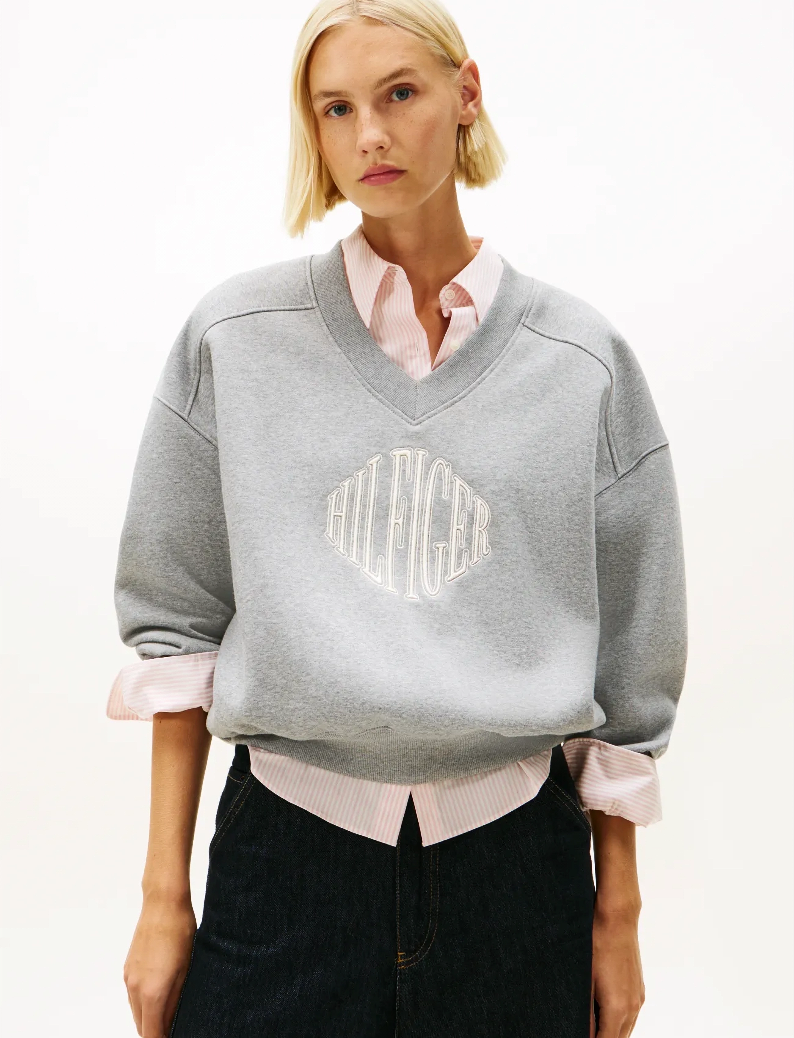 Tommy Hilfiger VARSITY V-NK FLEECE SWTSRT - Sweatshirts - MED HEATHER GREY / grey