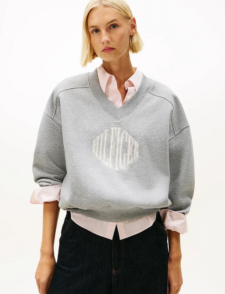 Tommy Hilfiger - VARSITY V-NK FLEECE SWTSRT - mode trends - med heather grey - 0