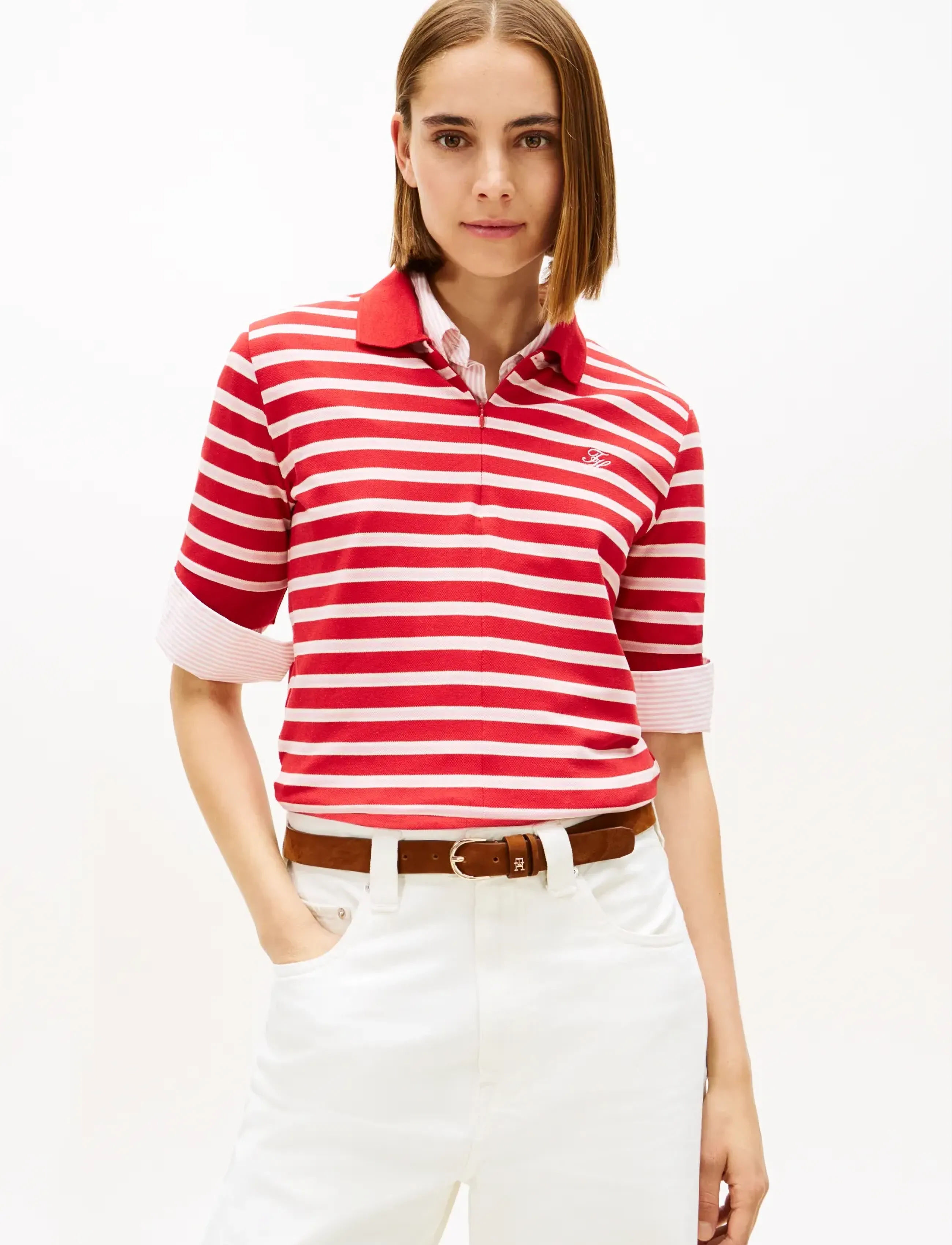 Tommy Hilfiger TH SCRIPT LYOCELL ZIP SS POLO - Polosärgid - PRIMARY RED BONITA PINK CALICO STP / red