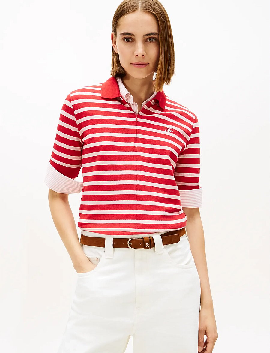 Tommy Hilfiger - TH SCRIPT LYOCELL ZIP SS POLO - polosärgid - primary red bonita pink calico stp - 0