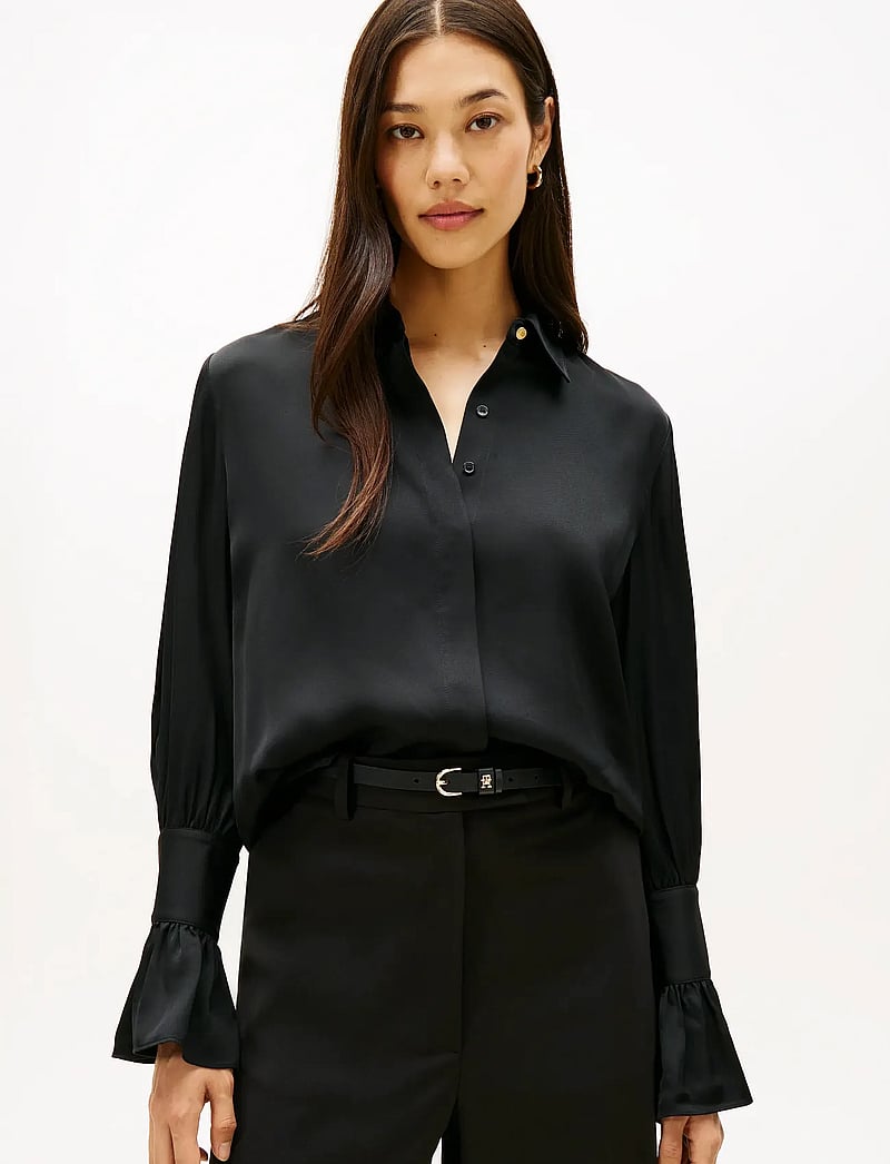 Tommy Hilfiger - SATEEN RUFFLE CUFF LS SHIRT - långärmade skjortor - black - 0