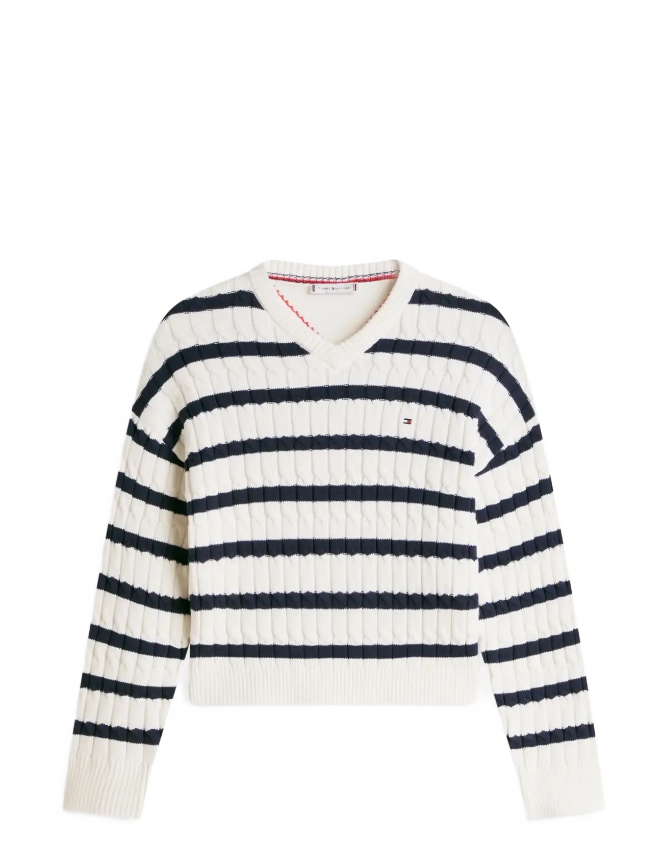 Tommy Hilfiger CO CABLE MID GG RLX LS V-NK SWT - Tommy Hilfiger - IVORY PETAL DARK N NAVY STP / multi