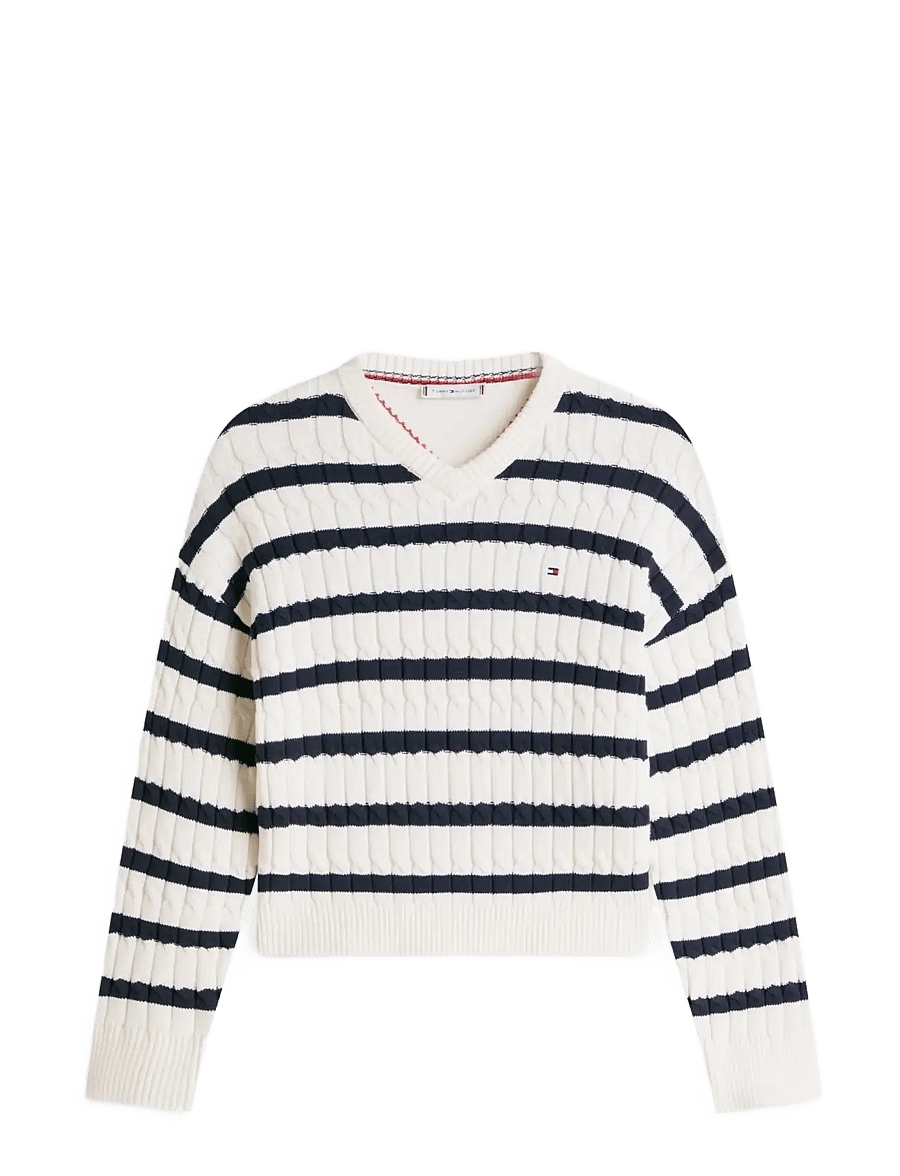 Tommy Hilfiger - CO CABLE MID GG RLX LS V-NK SWT - stickade tröjor - ivory petal dark n navy stp - 1