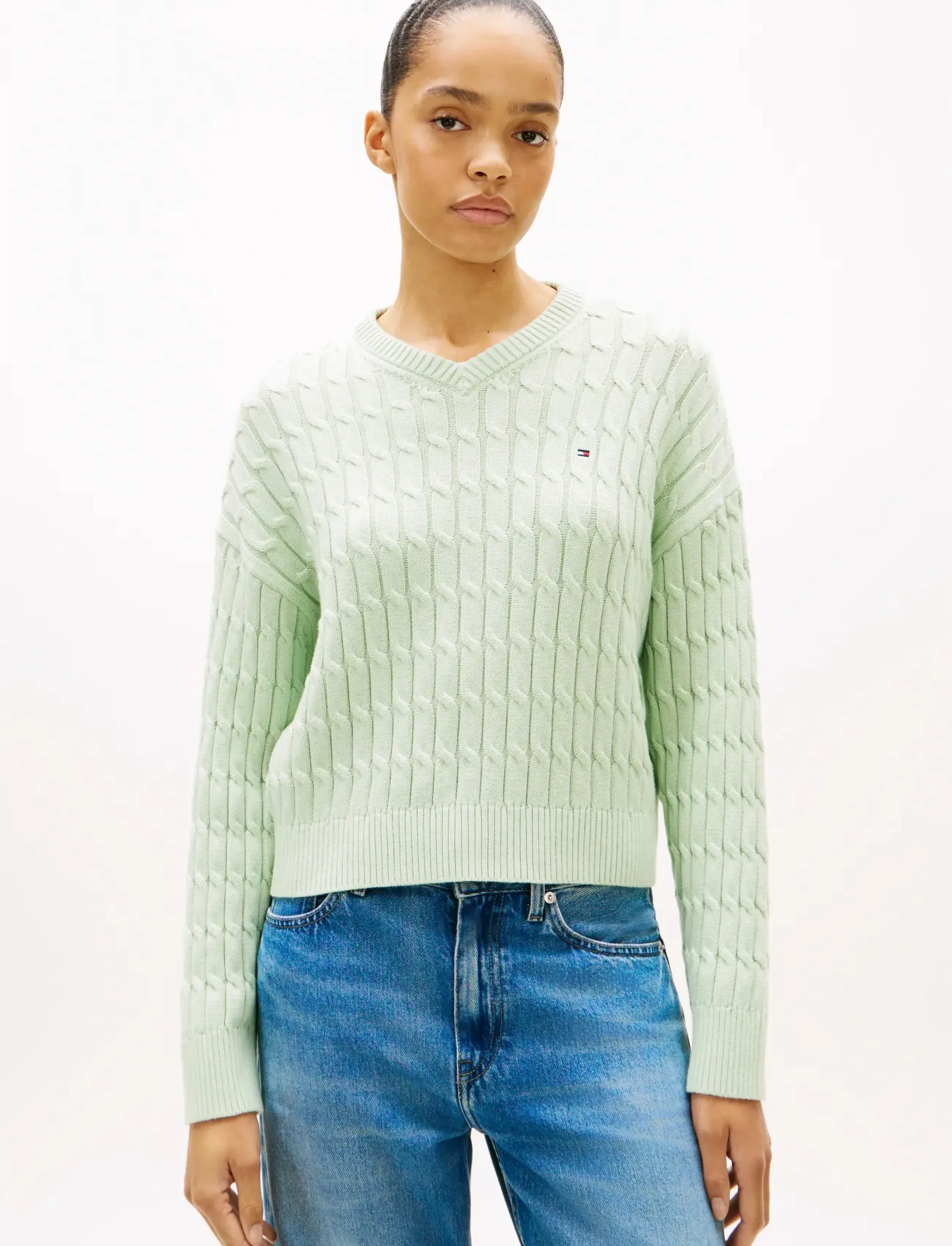 Tommy Hilfiger CO CABLE MID GG RLX LS V-NK SWT - Tommy Hilfiger - GENTLE JADE / green