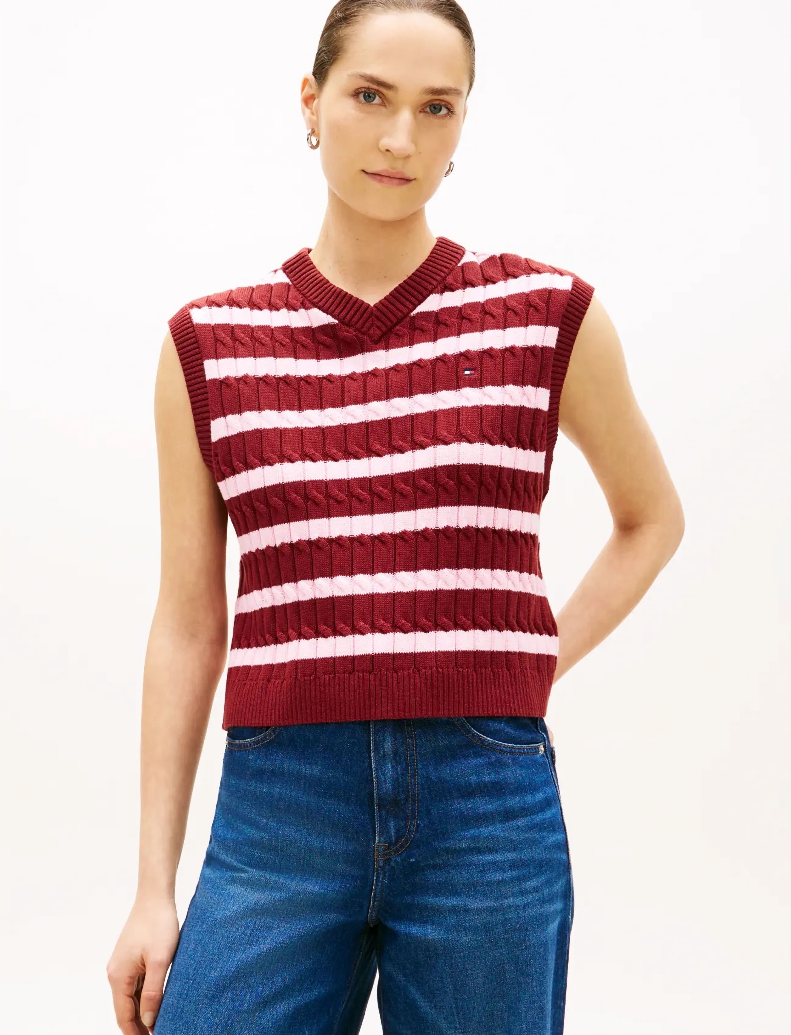 Tommy Hilfiger Co Cable Mid Gg V-Nk Vest, L, Burgundy, Veste > Strikkede Veste, Dame