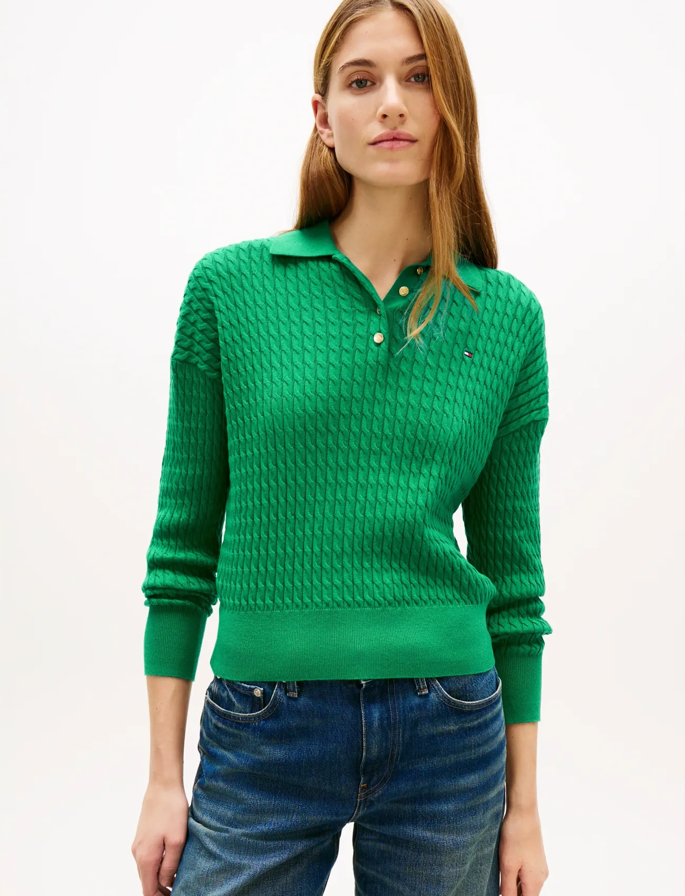 Tommy Hilfiger Co Cable Fine Gg Rlxd Polo Swt, M, Green, Strik > Trøjer, Dame