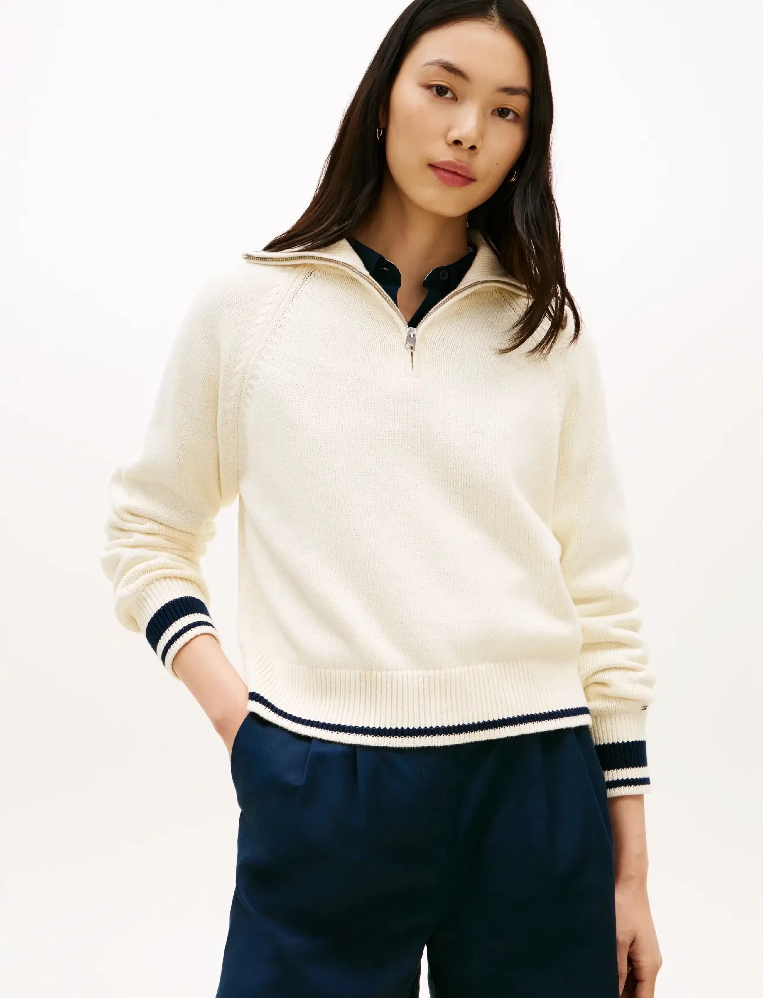 Tommy Hilfiger Varsity Rlxd 1/2 Zip Ls Sweater, XL, Cream, Strik > Trøjer, Dame