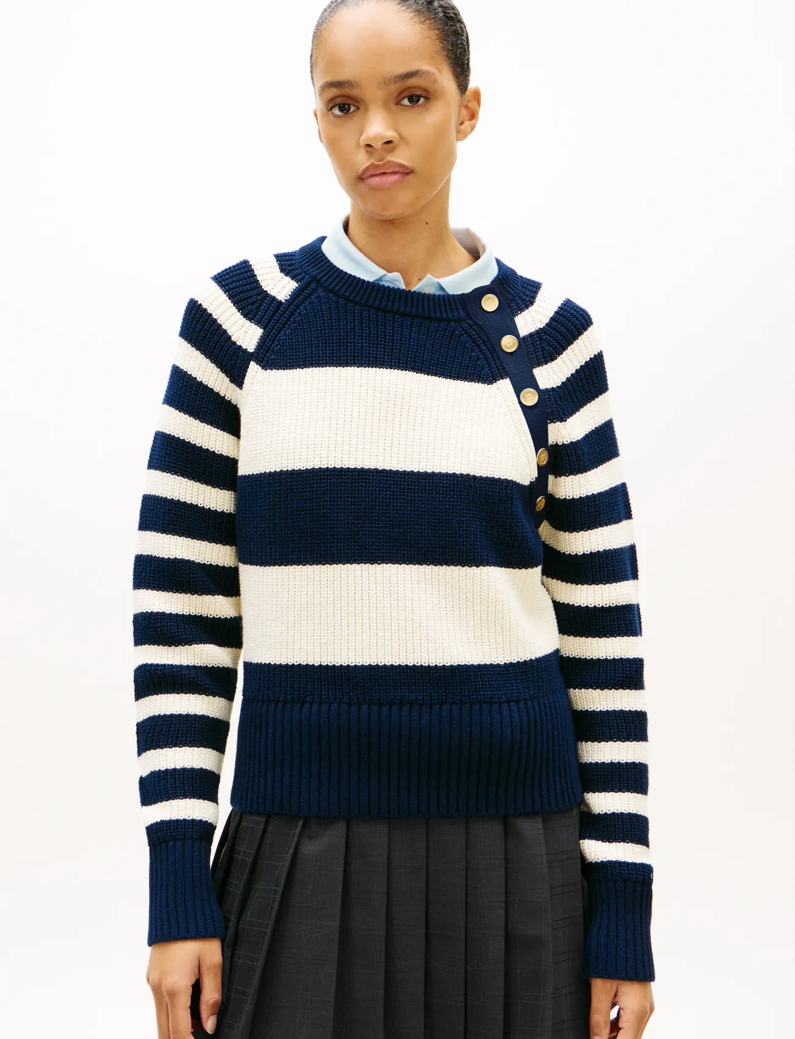 Tommy Hilfiger GOLD BTN UTILITY LS C-NK SWT - Strikkevarer - BIG BRT STP DARK NIGHT   CALICO / navy