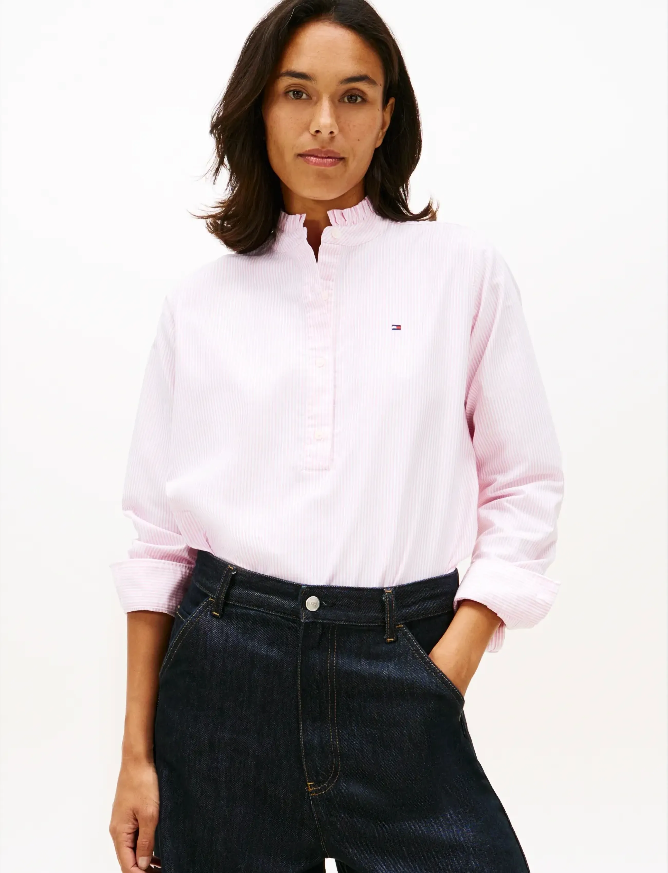 Tommy Hilfiger OXFORD RUFFLE NECK SHIRT - Blusar & Skjortor - CLASSIC ITHACA STP MID PINK / pink/rose