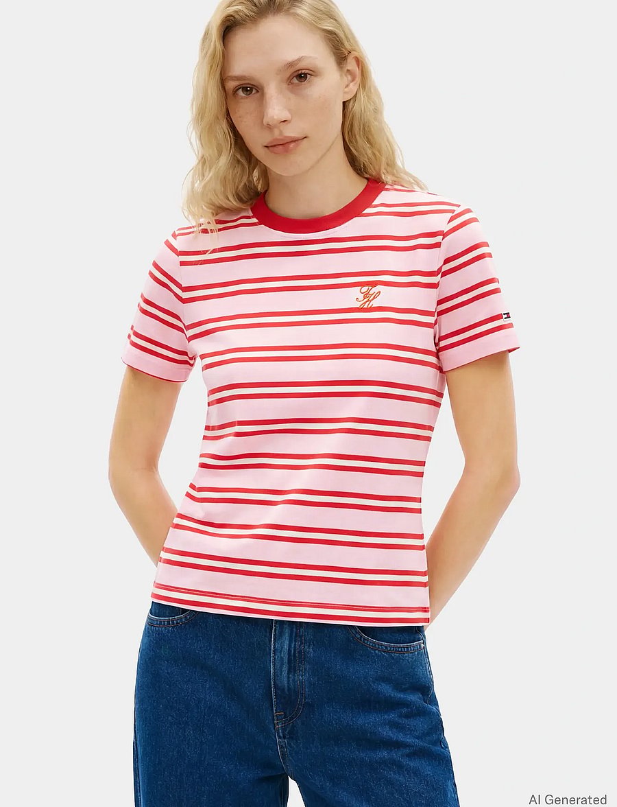 Tommy Hilfiger - TH SCRIPT REG C-NK SS TEE - t-särgid - preppy stripe bonita pink fireworks - 0