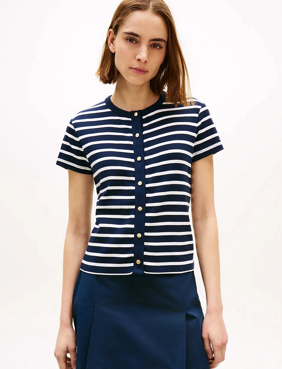 Tommy Hilfiger - GOLD BUTTON SLIM SS TEE - t-särgid - breton stripe dark night ecru - 0