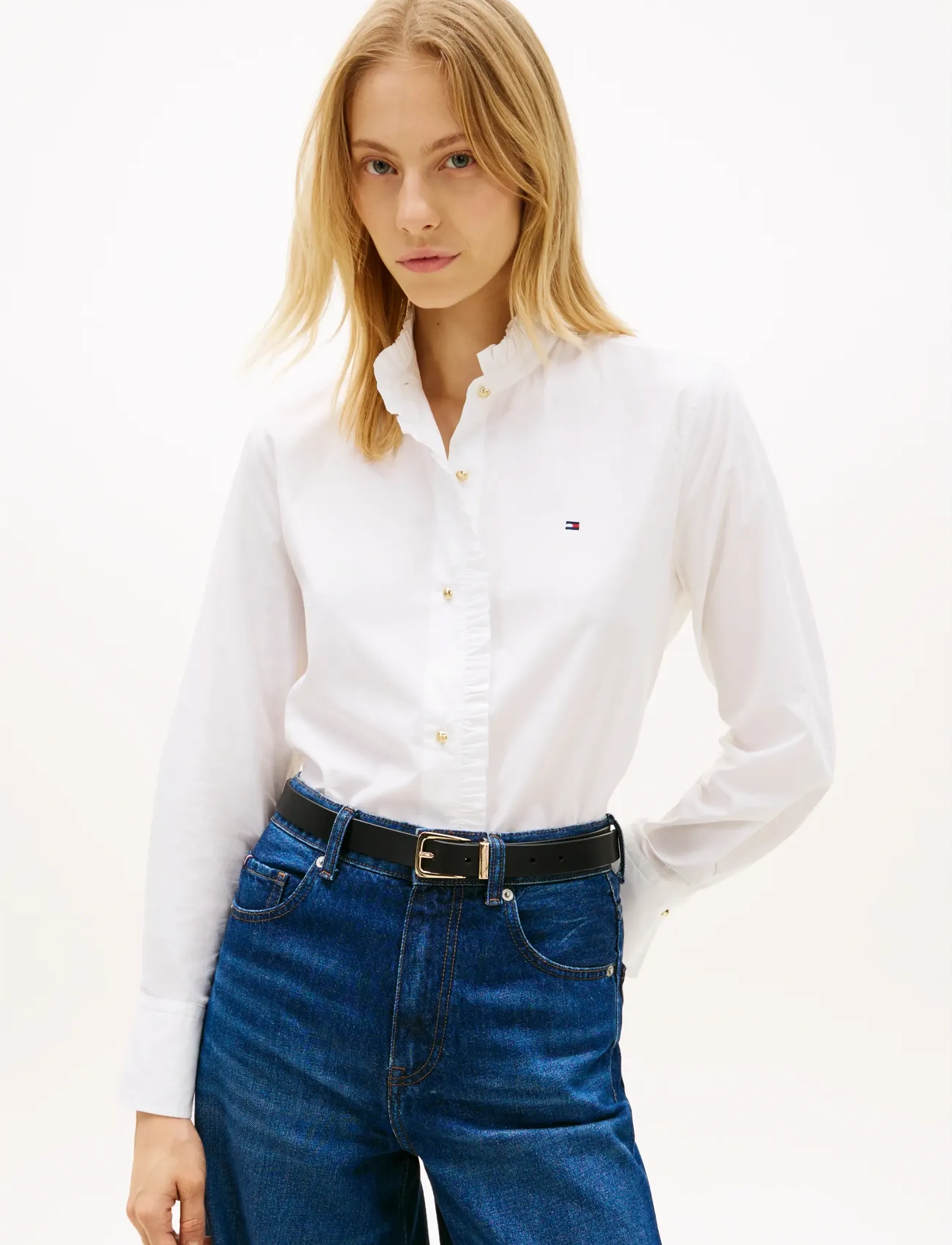 Tommy Hilfiger Poplin Ruffle Collar Ls Shirt, 40, White, Skjorter > Langærmede, Dame