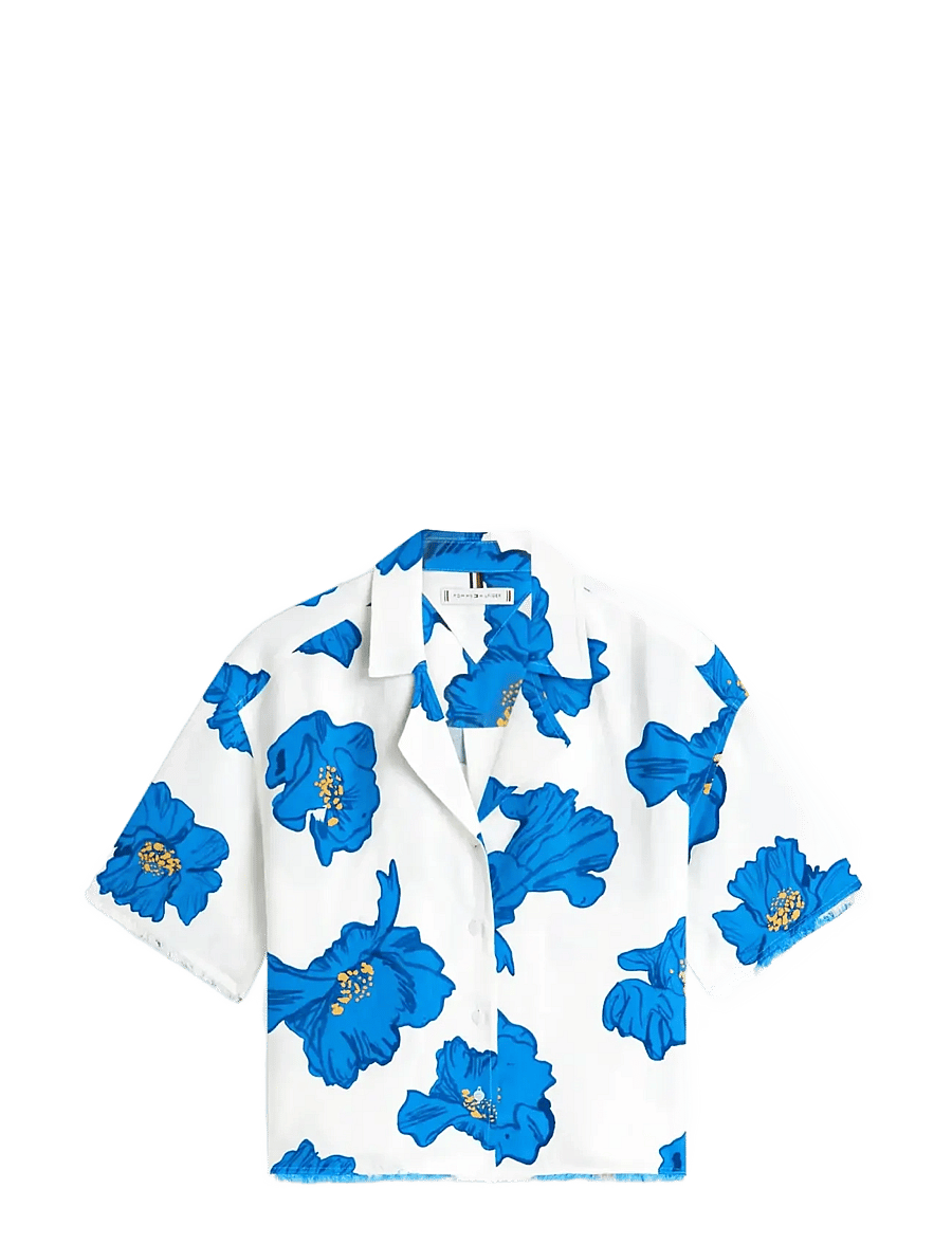 Tommy Hilfiger - FRAYED VIS/LINEN SS SHIRT - kurzärmlige hemden - poppy print spaced ivory blue orbit - 1