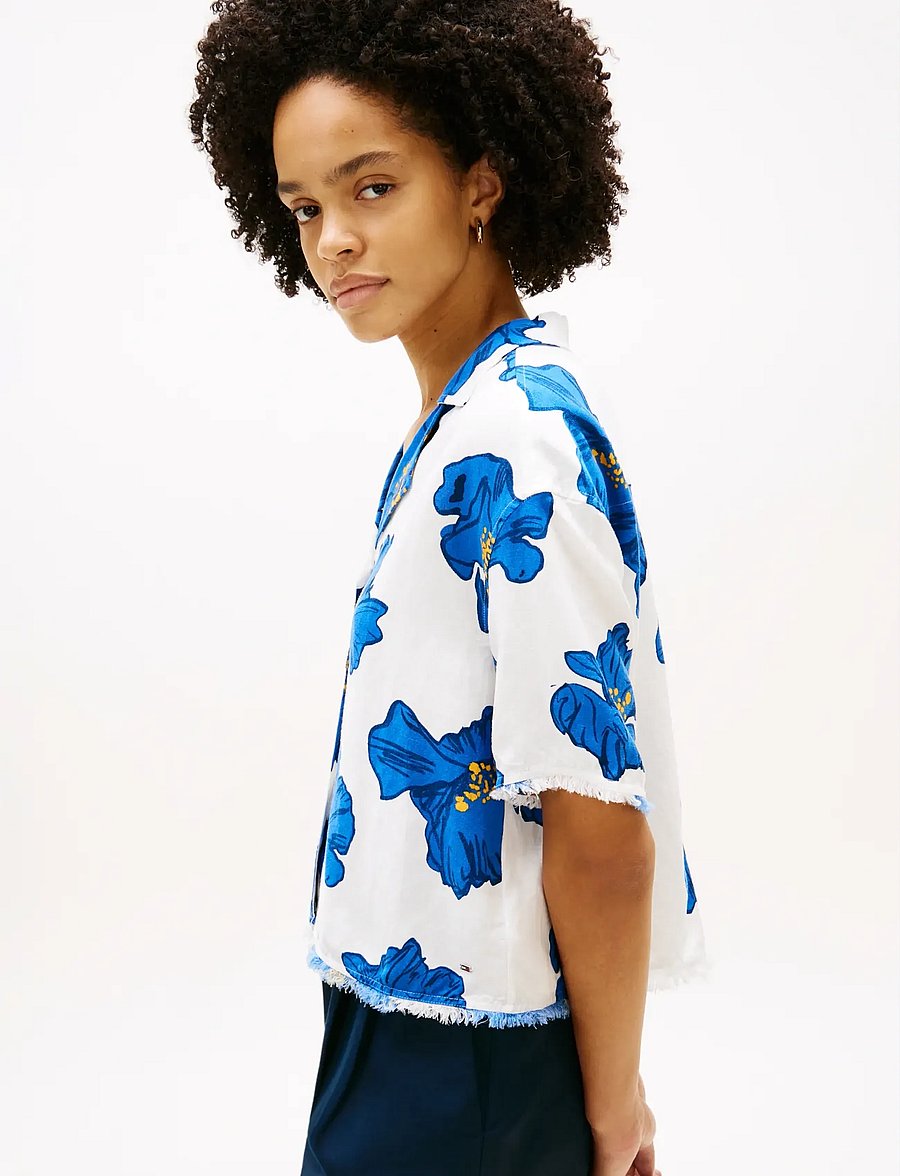 Tommy Hilfiger - FRAYED VIS/LINEN SS SHIRT - kurzärmlige hemden - poppy print spaced ivory blue orbit - 4