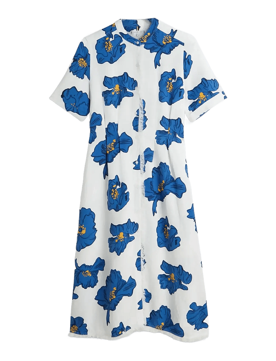 Tommy Hilfiger - FRAYED VIS/LINEN SS SHIRT DRESS - skjortklänningar - poppy print spaced ivory blue orbit - 1