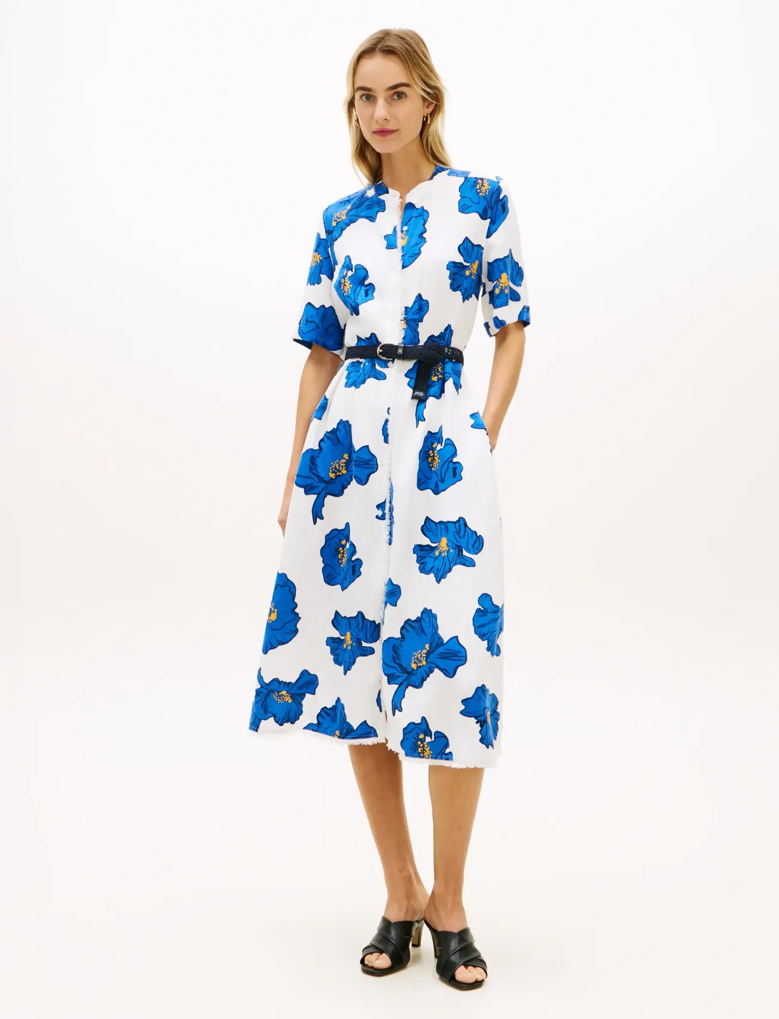 Tommy Hilfiger FRAYED VIS/LINEN SS SHIRT DRESS - Tommy Hilfiger - POPPY PRINT SPACED IVORY BLUE ORBIT / white