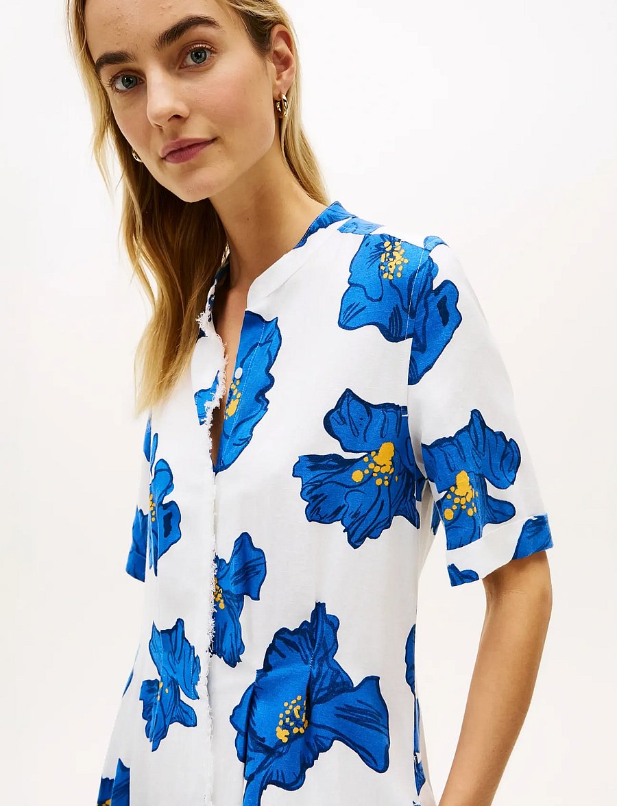 Tommy Hilfiger - FRAYED VIS/LINEN SS SHIRT DRESS - skjortklänningar - poppy print spaced ivory blue orbit - 2