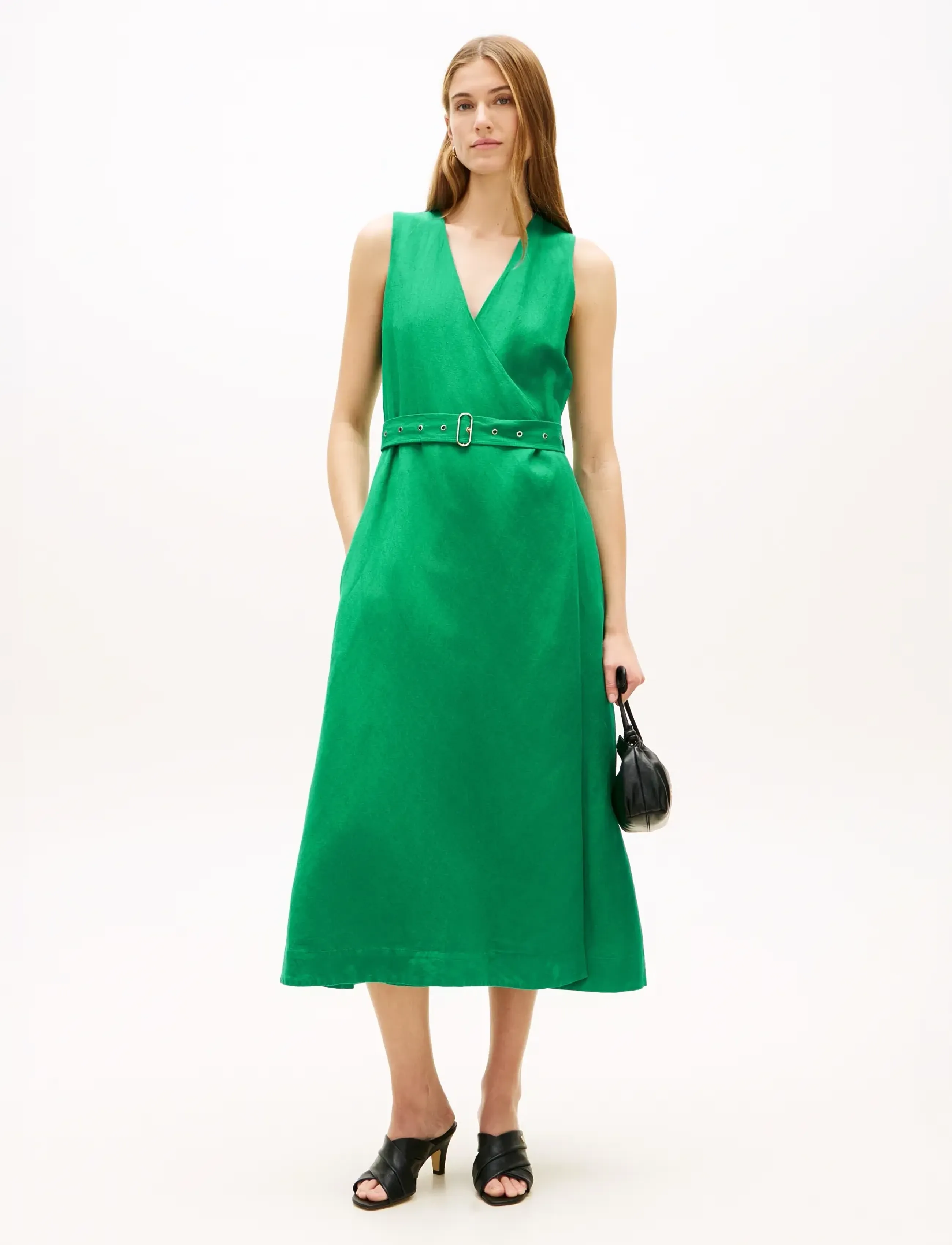 Tommy Hilfiger Vis/Linen Belted Midi Ns Dress, S, Green, Kjoler > Knælange Og Midi, Dame