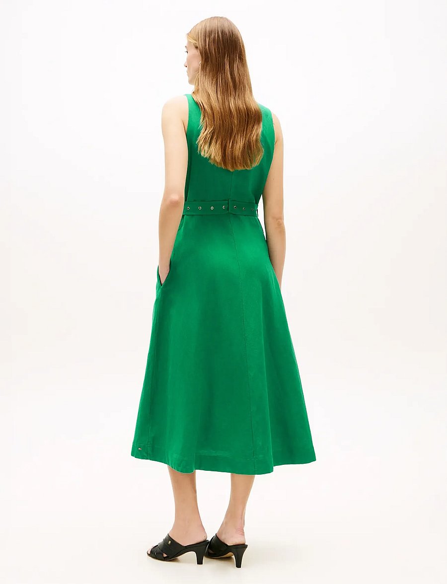 Tommy Hilfiger - VIS/LINEN BELTED MIDI NS DRESS - konfirmation - courtside green - 2