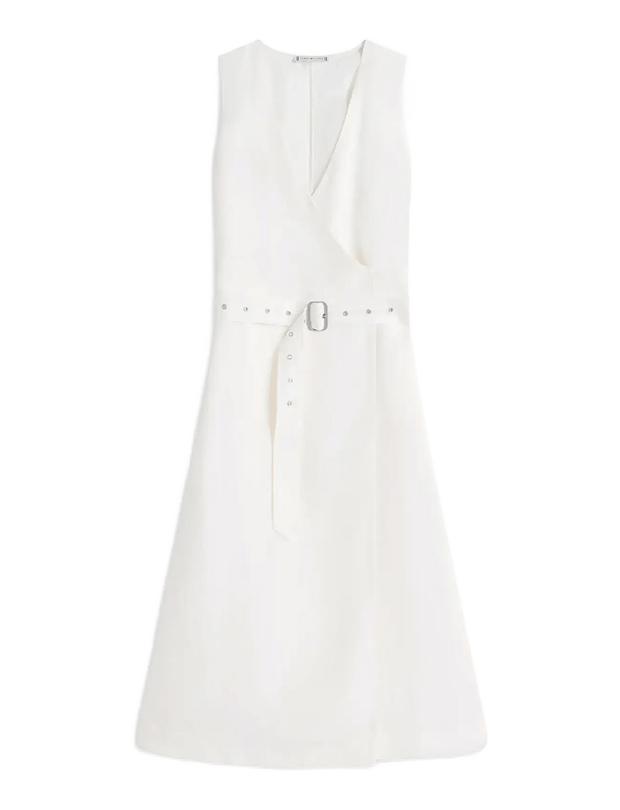 Tommy Hilfiger - VIS/LINEN BELTED MIDI NS DRESS - konfirmationstøj - ivory silk - 1