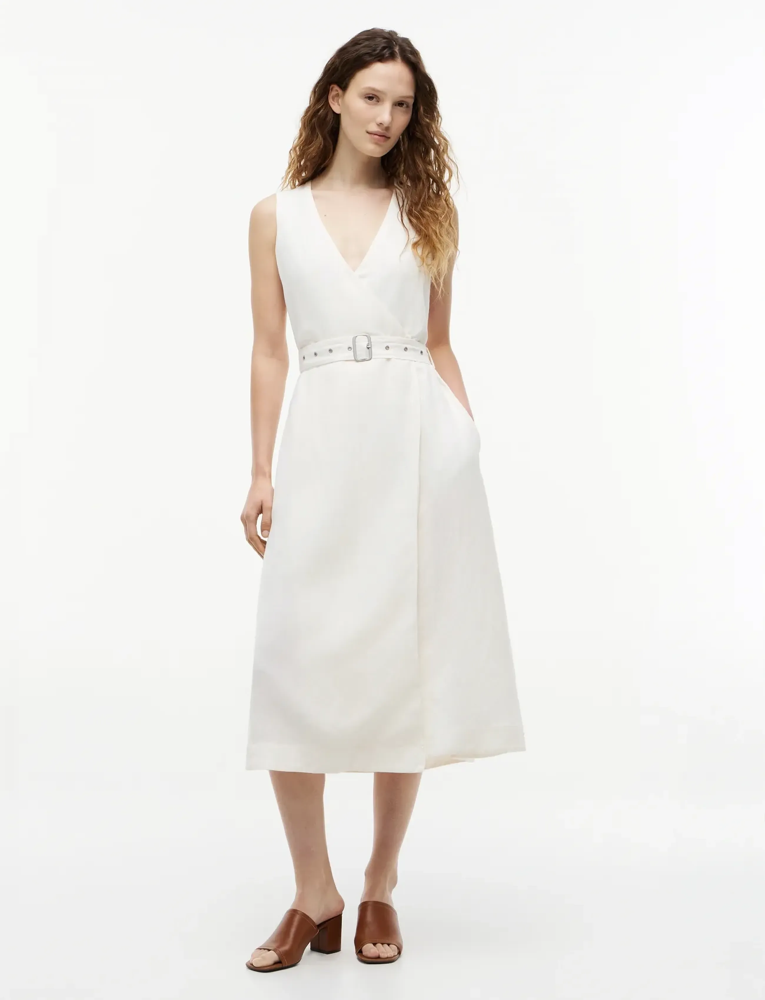Tommy Hilfiger Vis/Linen Belted Midi Ns Dress, XS, White, Kjoler > Knælange Og Midi, Dame