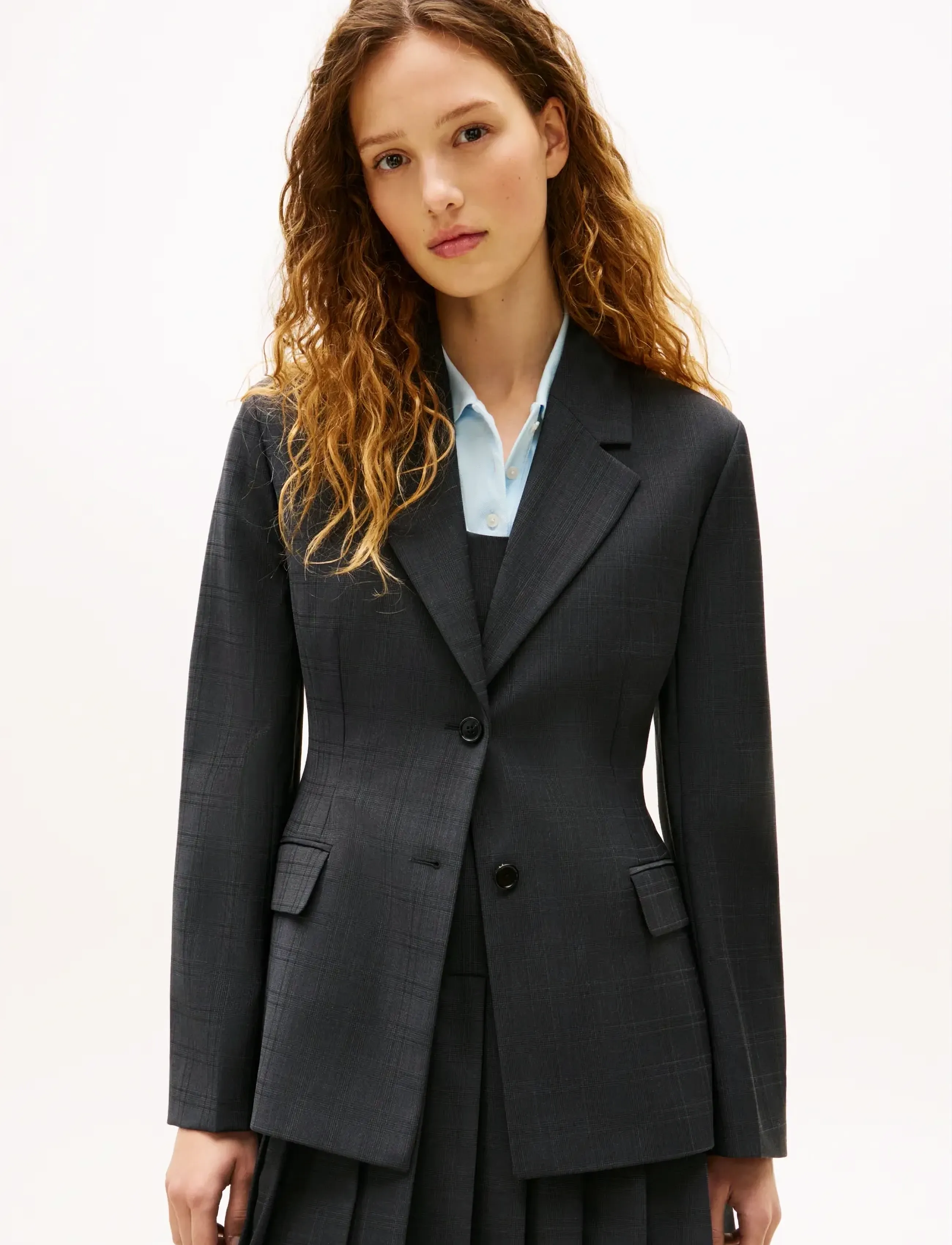 Tommy Hilfiger Wool Blend Check Waisted Blazer, 40, Grey, Blazere > Enkeltradede Blazere, Dame