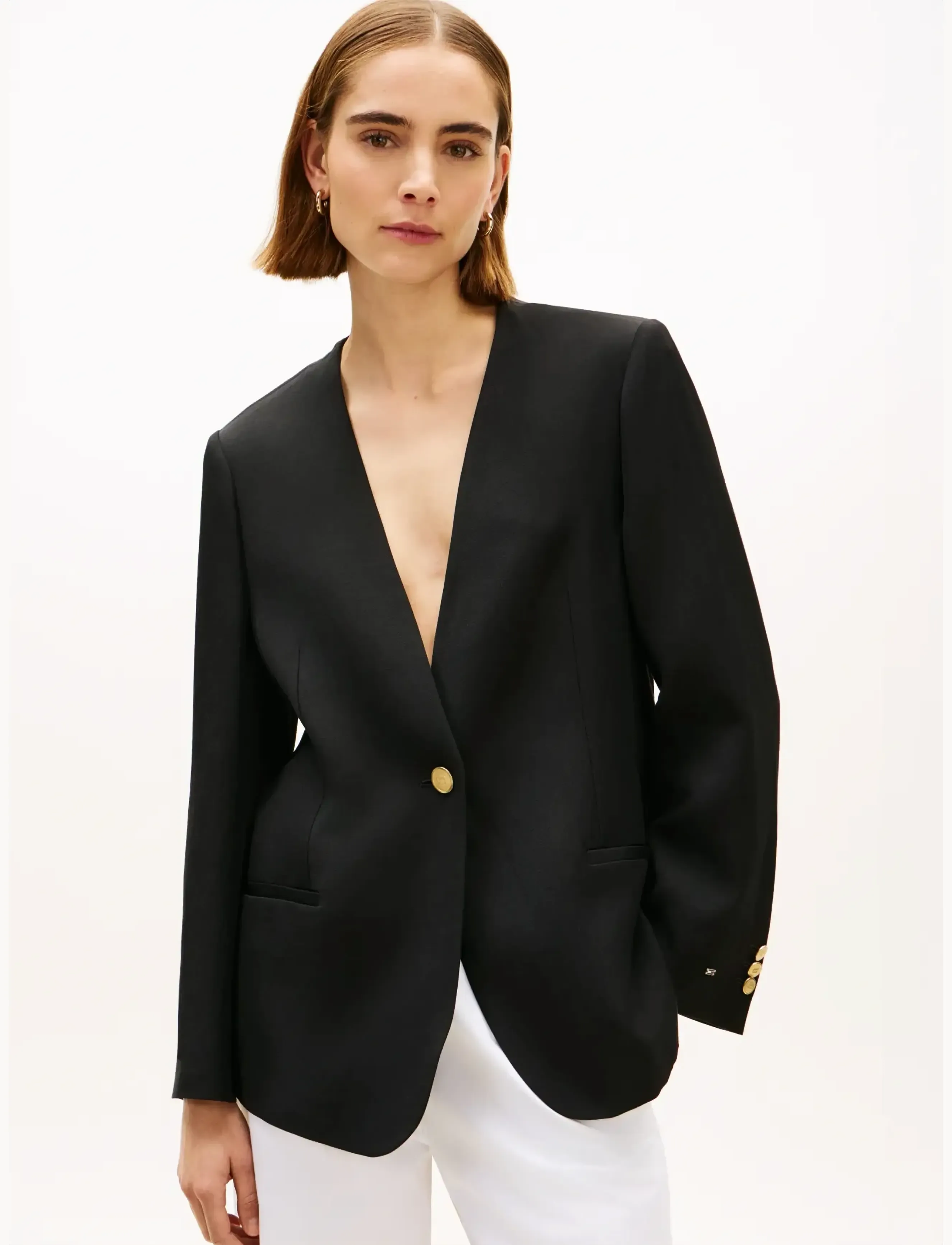 Tommy Hilfiger Linen/Vis Collarless Blazer, 38, Black, Blazere > Enkeltradede Blazere, Dame