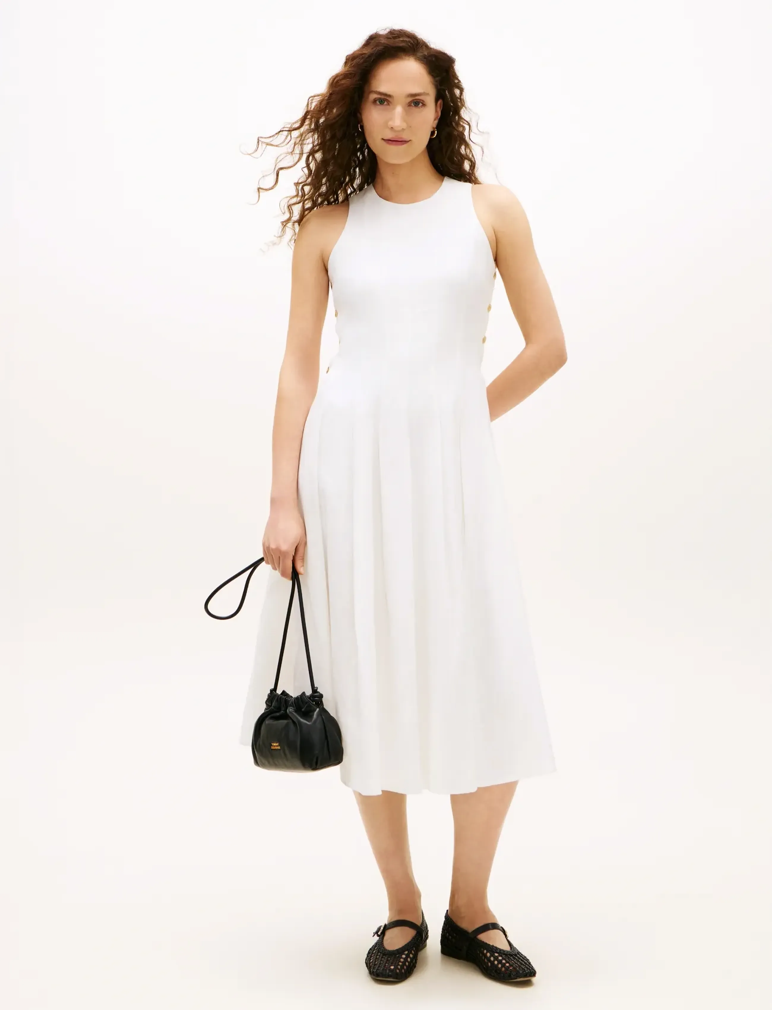 Tommy Hilfiger LINEN BLEND HOURGLASS MIDI DRS - Tøj - TH OPTIC WHITE / white