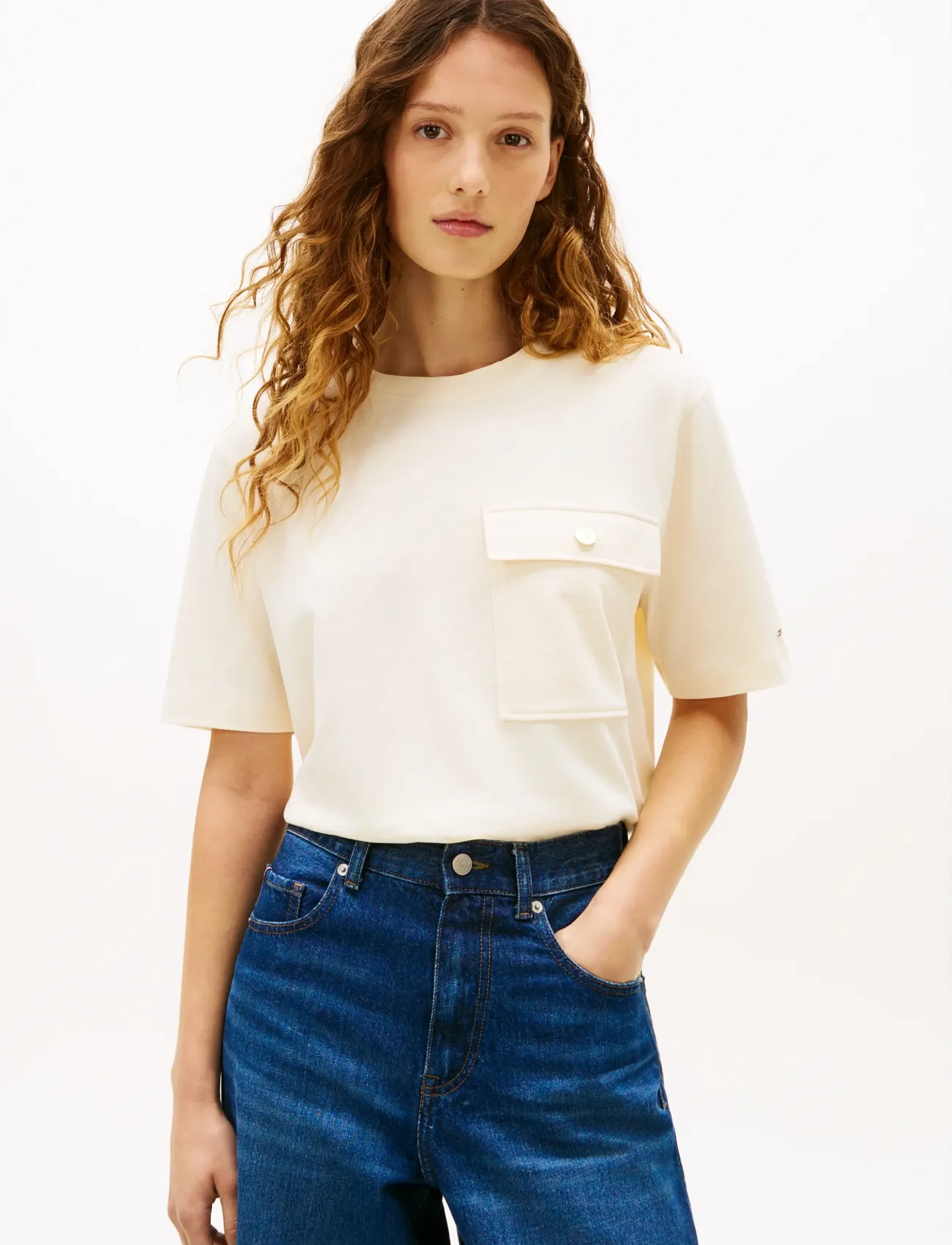 Tommy Hilfiger Gold Button Long Ss Tee, XS, Cream, T-Shirts & Toppe > Kortærmede, Dame