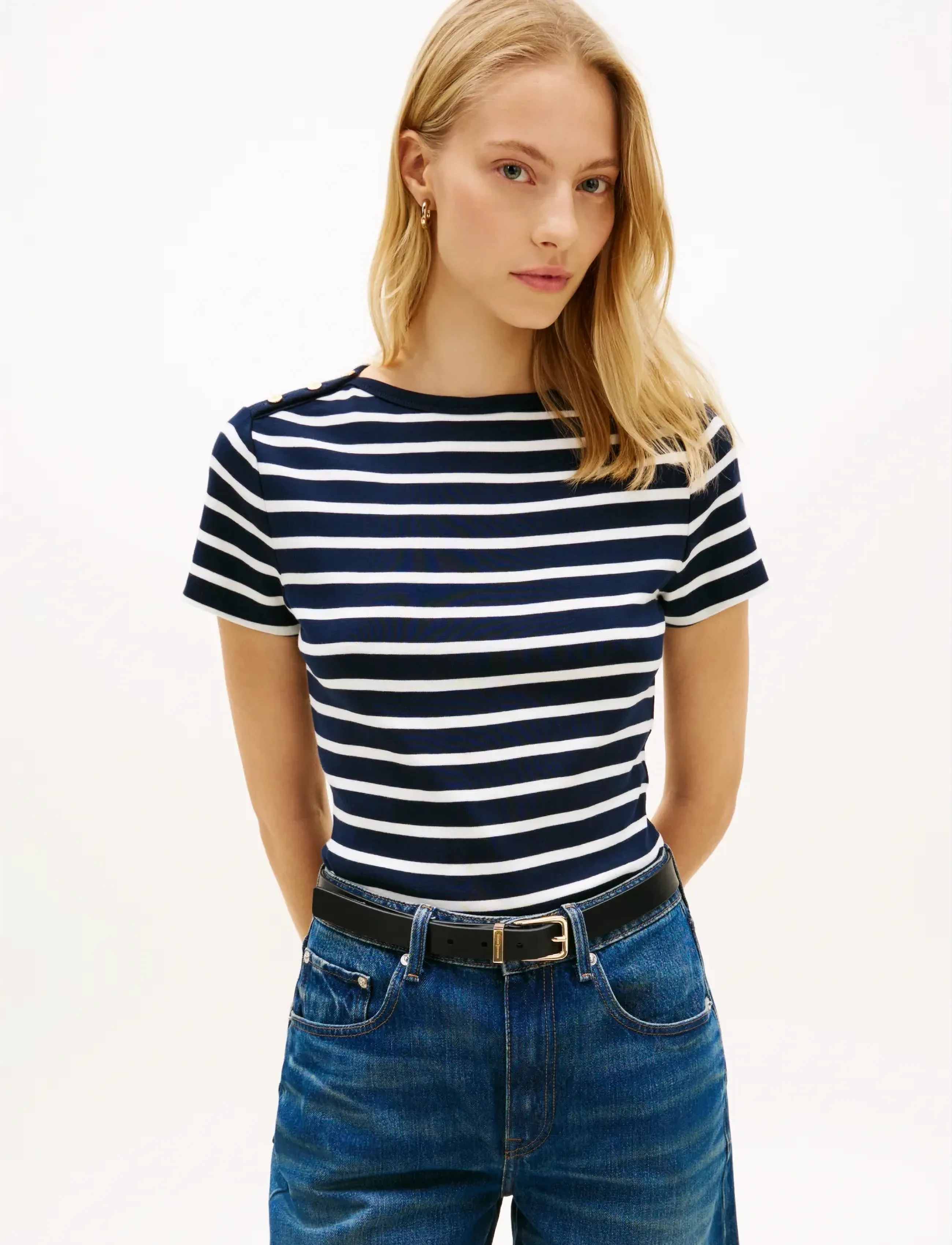 Tommy Hilfiger GOLD BUTTON SLIM SS TEE - T-shirts - BRETON STRIPE DARK NIGHT   ECRU / navy