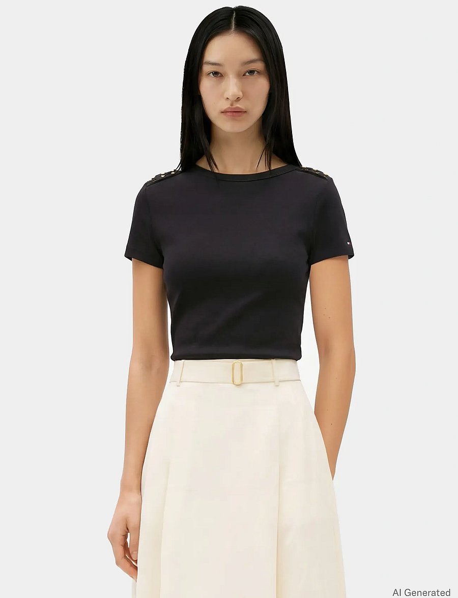 Tommy Hilfiger - GOLD BUTTON SLIM SS TEE - t-shirts - black - 0