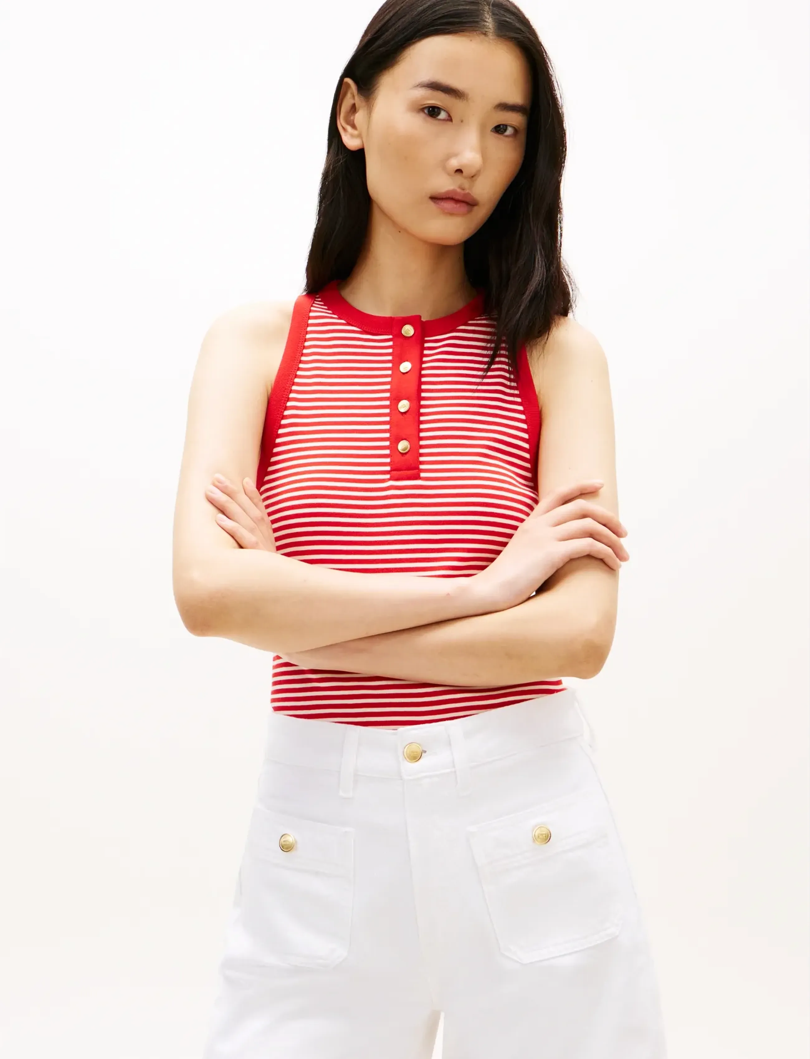 Tommy Hilfiger Gold Button Henley Top, Kvinder, Stribet Henley Tanktop, Rød, Str: XL