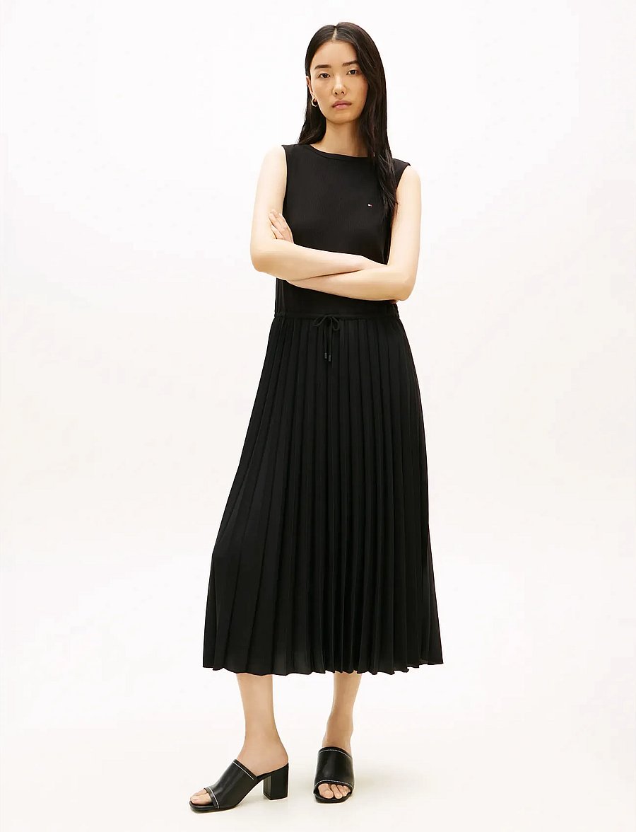 Tommy Hilfiger - 5X2 SLASH-NK MIX MEDIA DRS - midi dresses - black - 0
