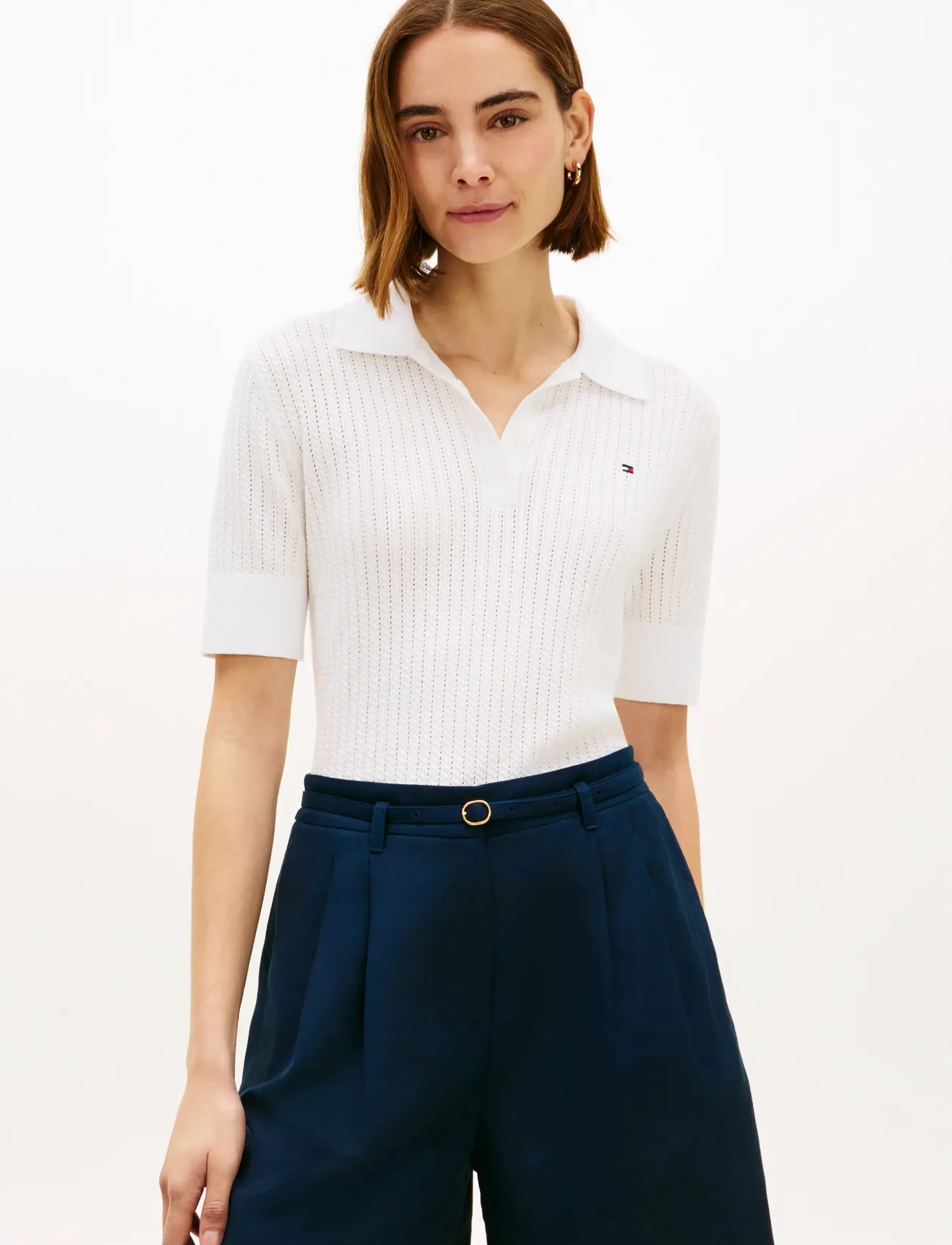 Tommy Hilfiger POINTELLE S/S POLO SWEATER - T-särgid ja alussärgid - ECRU / white