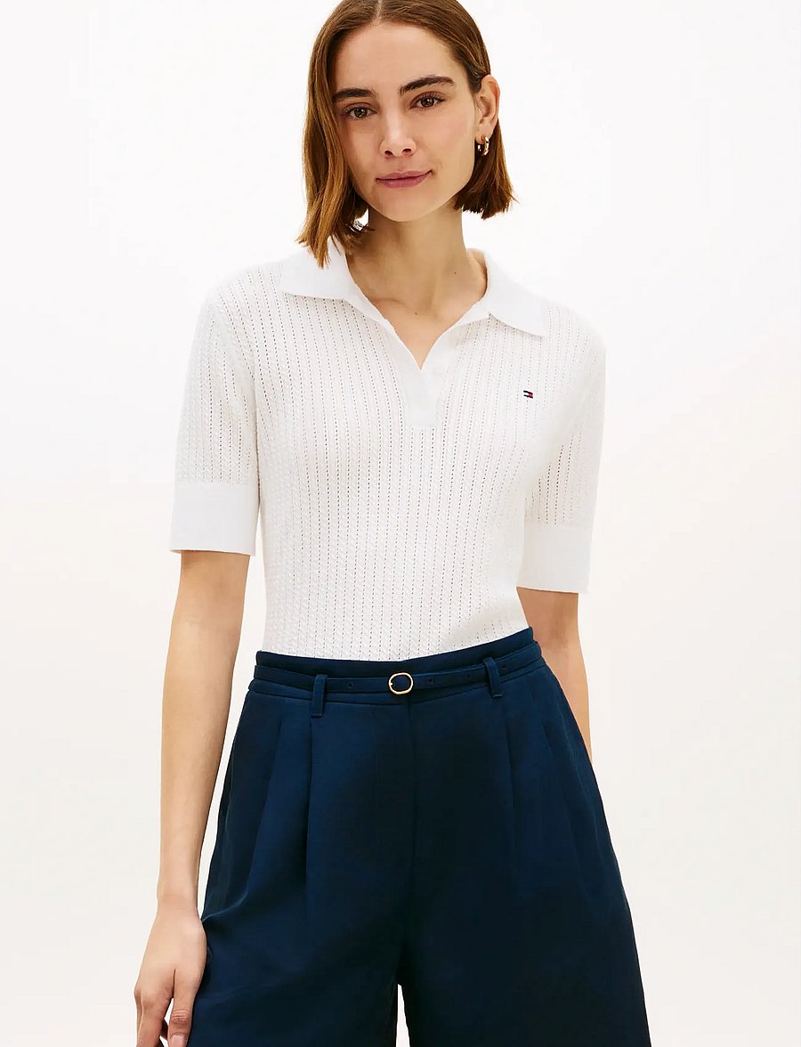 Tommy Hilfiger - POINTELLE S/S POLO SWEATER - poloshirts - ecru - 0