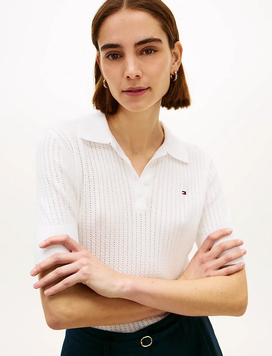 Tommy Hilfiger - POINTELLE S/S POLO SWEATER - poloshirts - ecru - 4