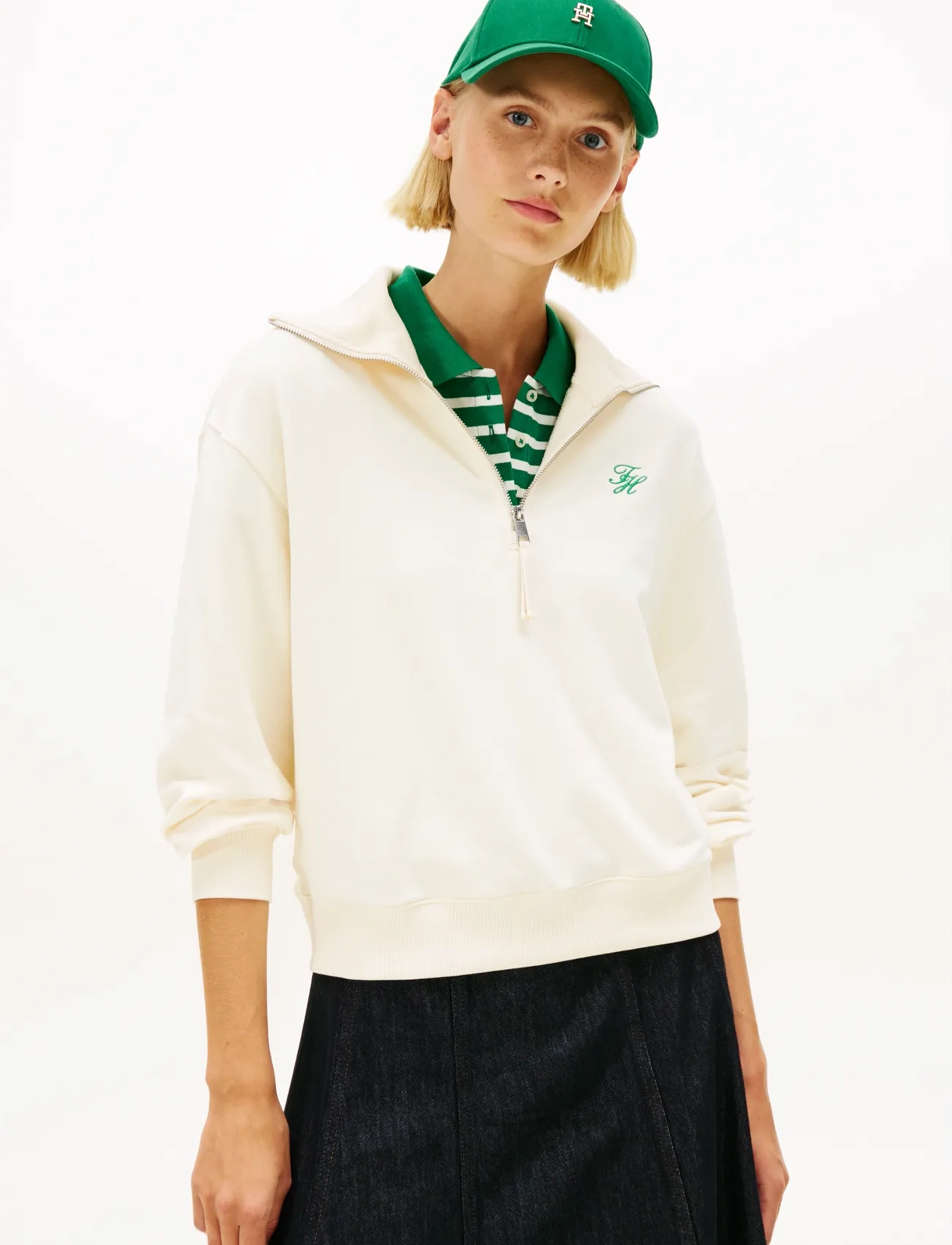 Tommy Hilfiger Th Script Half Zip Terry Swtshrt, XS, Cream, Sweatshirts & Hættetrøjer > Sweatshirts, Dame